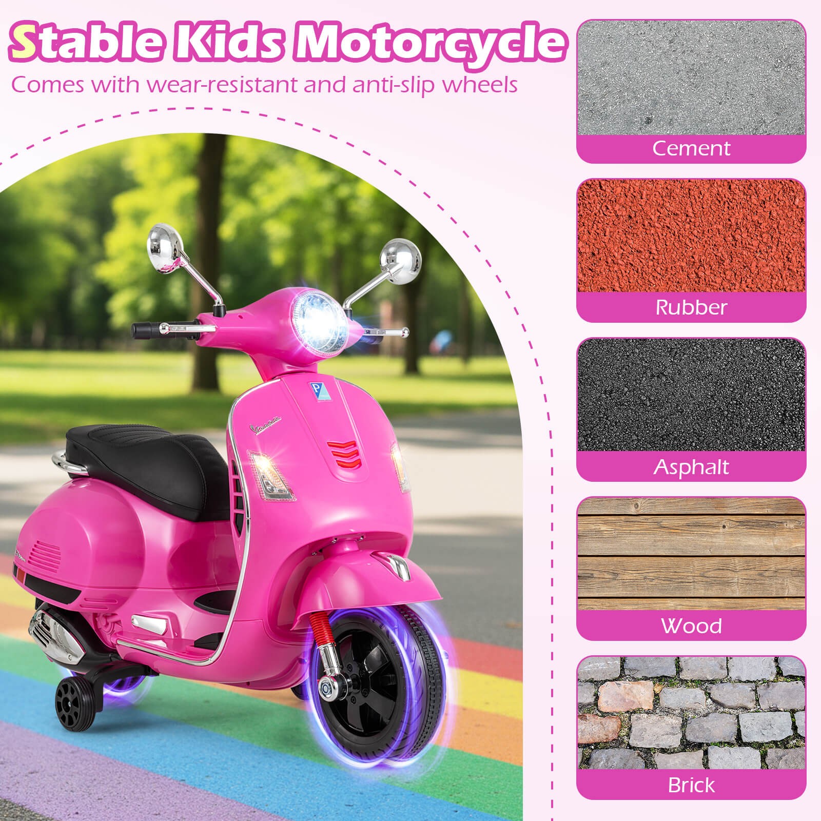 Licensed VESPA 12V Kids Electric Motorcycle w/Music Horn Story Training Wheels
