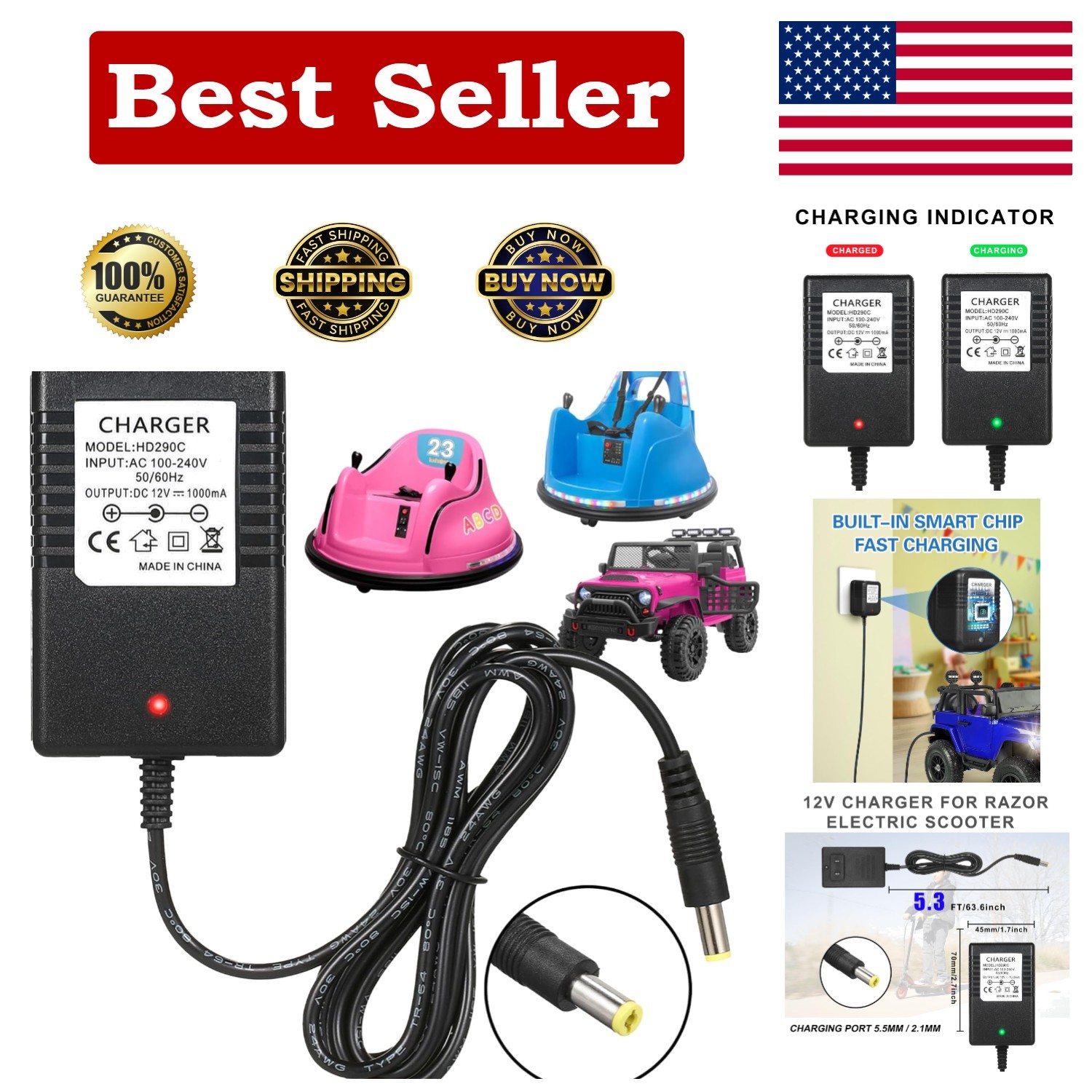 12V Charger for Kidzone Bumper Car,12V Battery Charger for Ride on Toys,Cargador