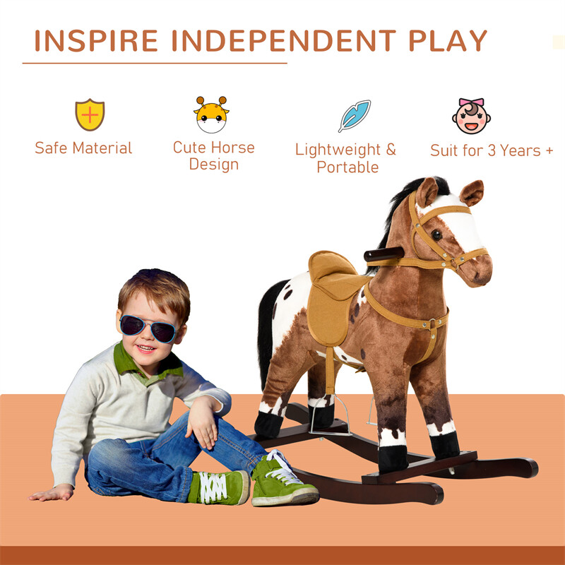 Kids Metal Plush Ride-On Rocking Horse Chair Toy w/ Sounds – Dark Brown/White
