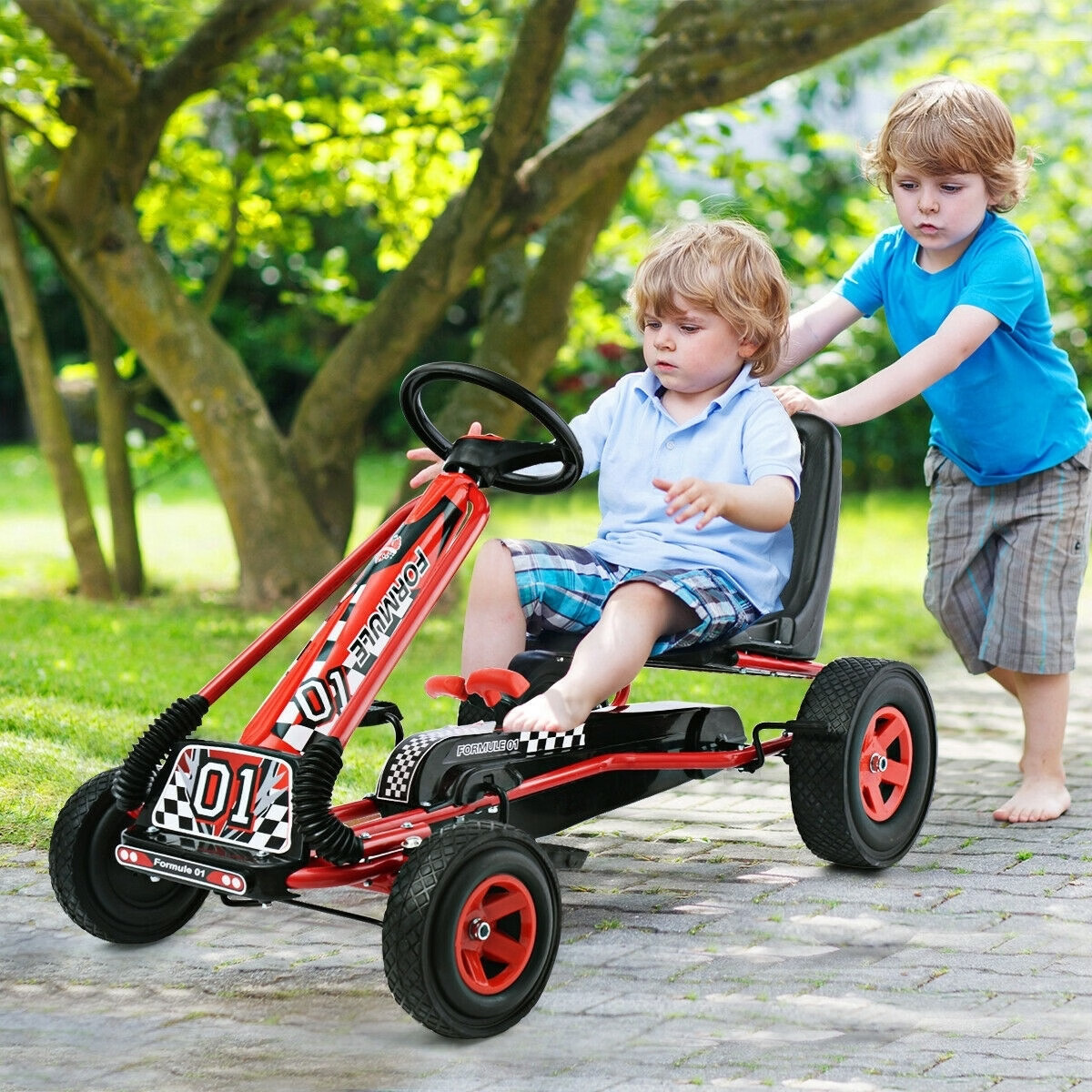 Kids Pedal Go Kart, 4-Wheel Ride On Racer Toy Car with Adjustable Seat