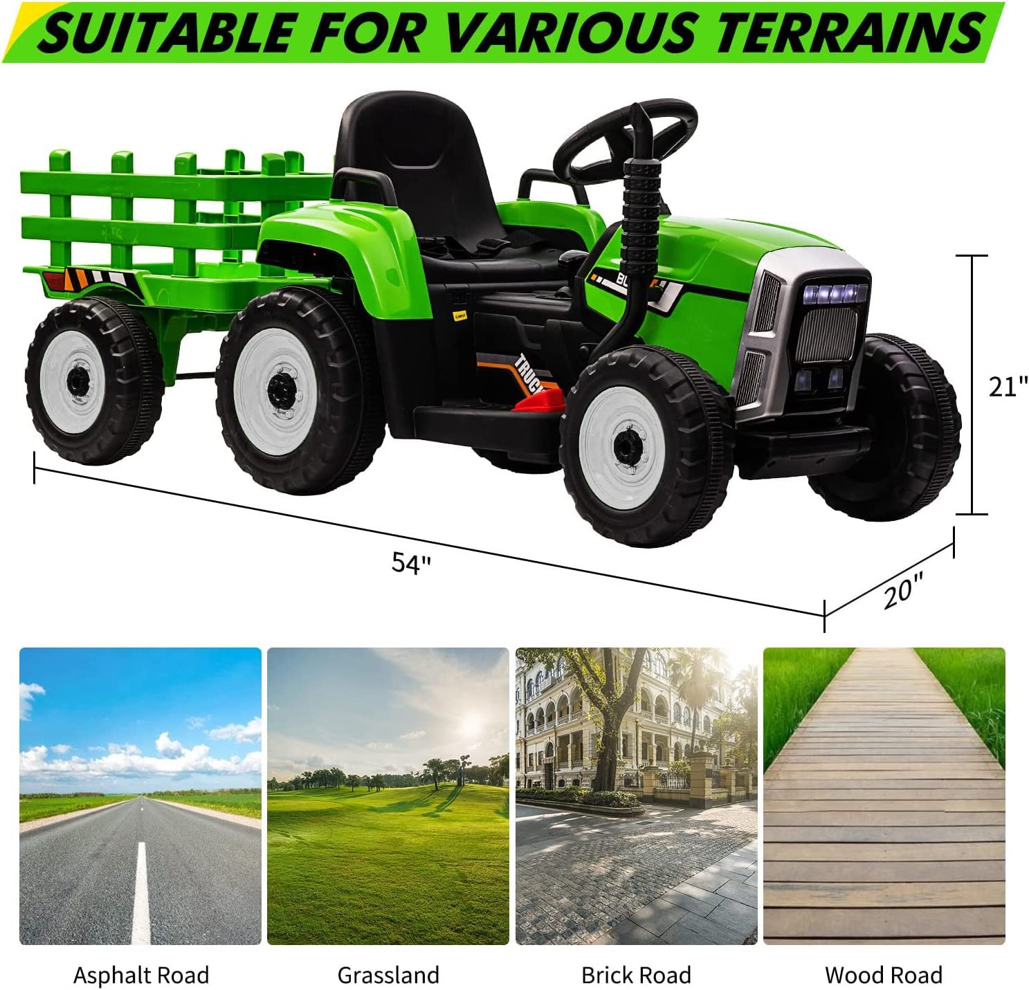 12V Battery Powered Electric Tractor with Trailer, Toddler Ride On Car w/Remote