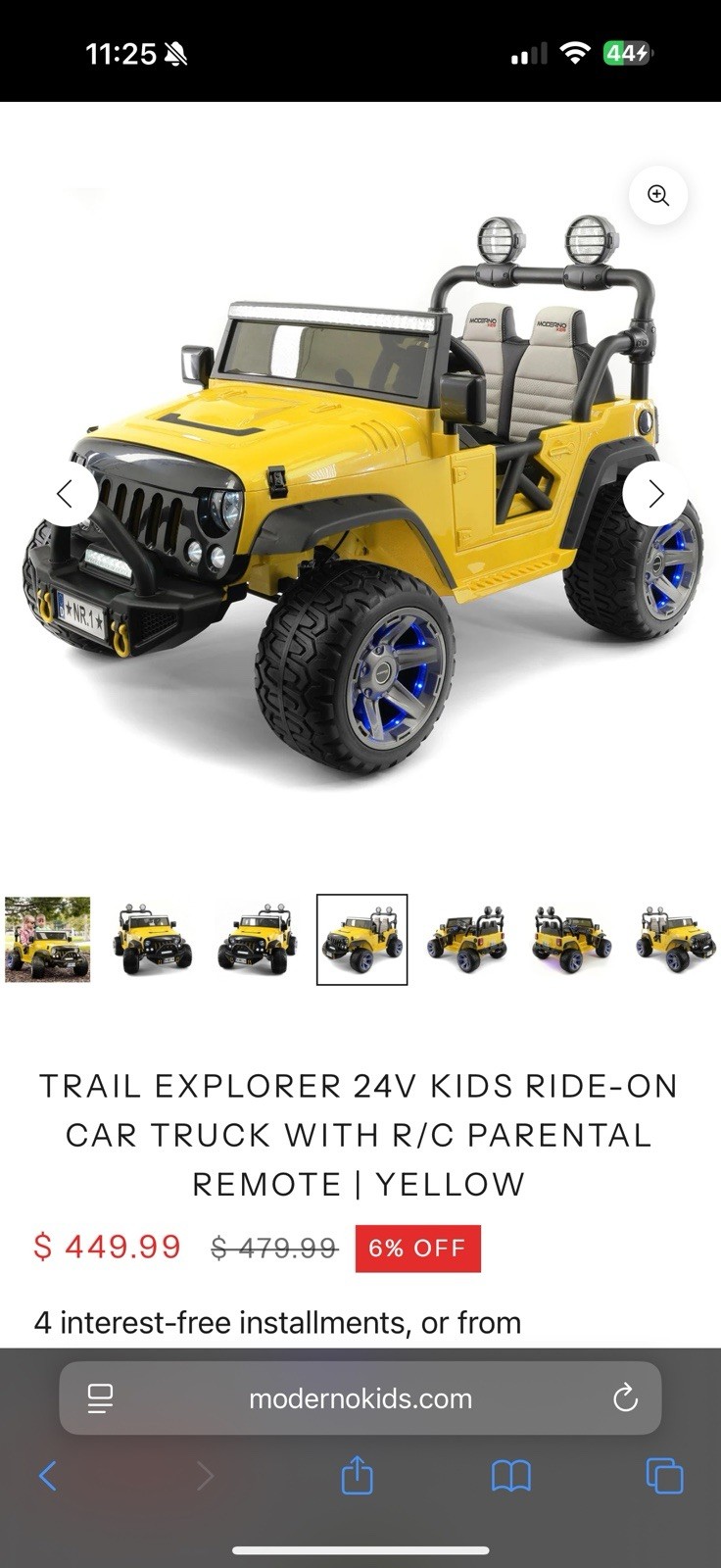 Moderno Kids Trail Explorer 24V Ride-On Truck w/ RC Remote Yellow