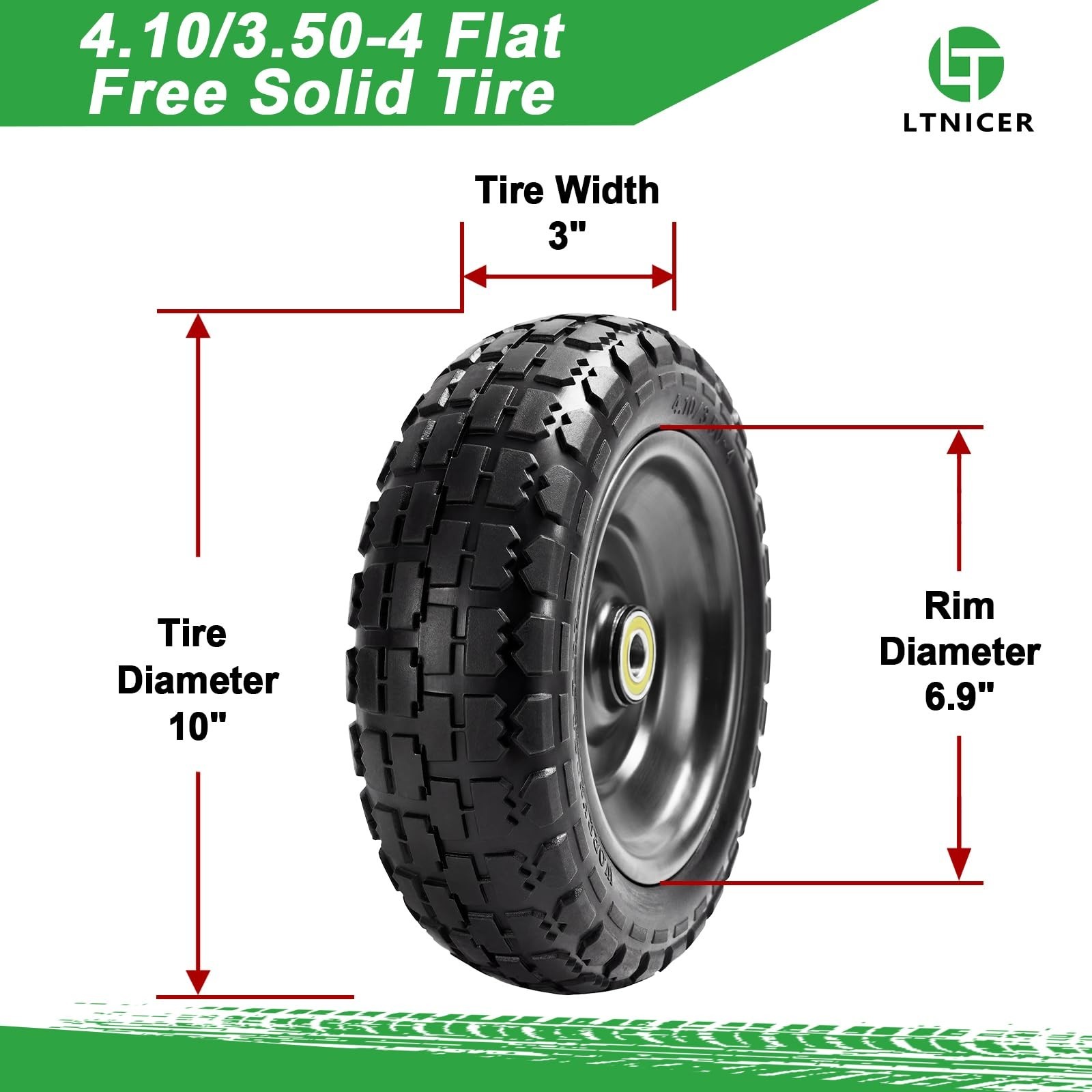 10″ Flat Free Replacement Wheels for Gorilla Carts (2-Pack), 4.10/3.50-4 Soli…