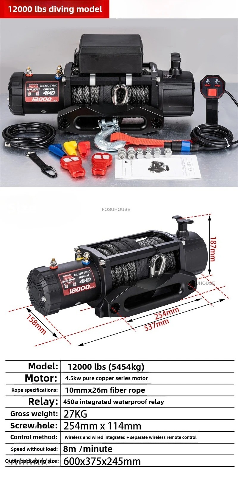 12V Portable Vehicle Self-Rescue Electric Silent Integrated Winch 13,500 Lbs