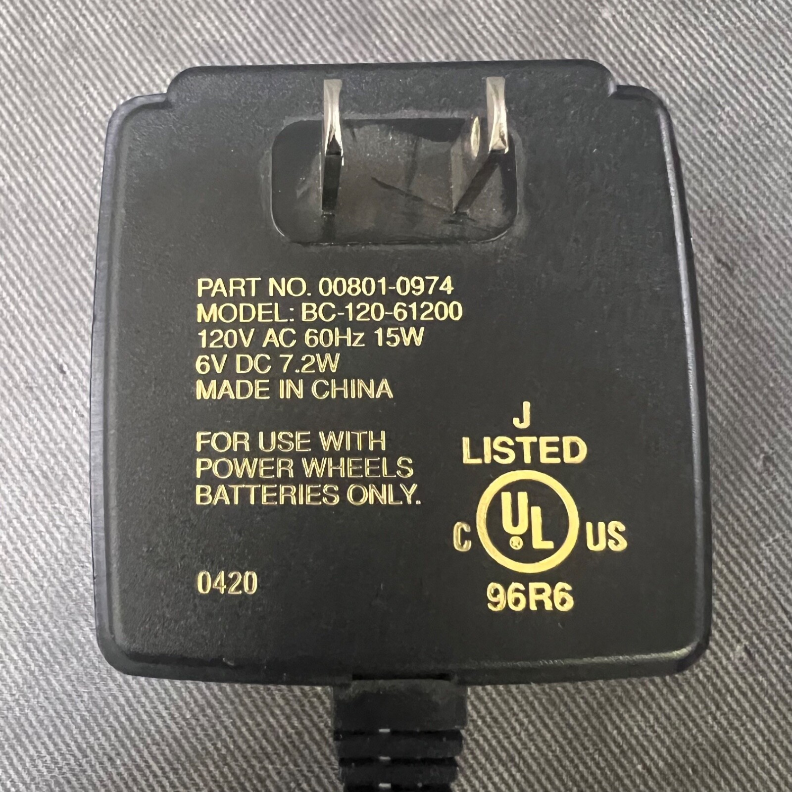 TESTED Fisher Price 00801-0974 Power Wheels BC-120-61200 Battery Charger 6V 7.2W