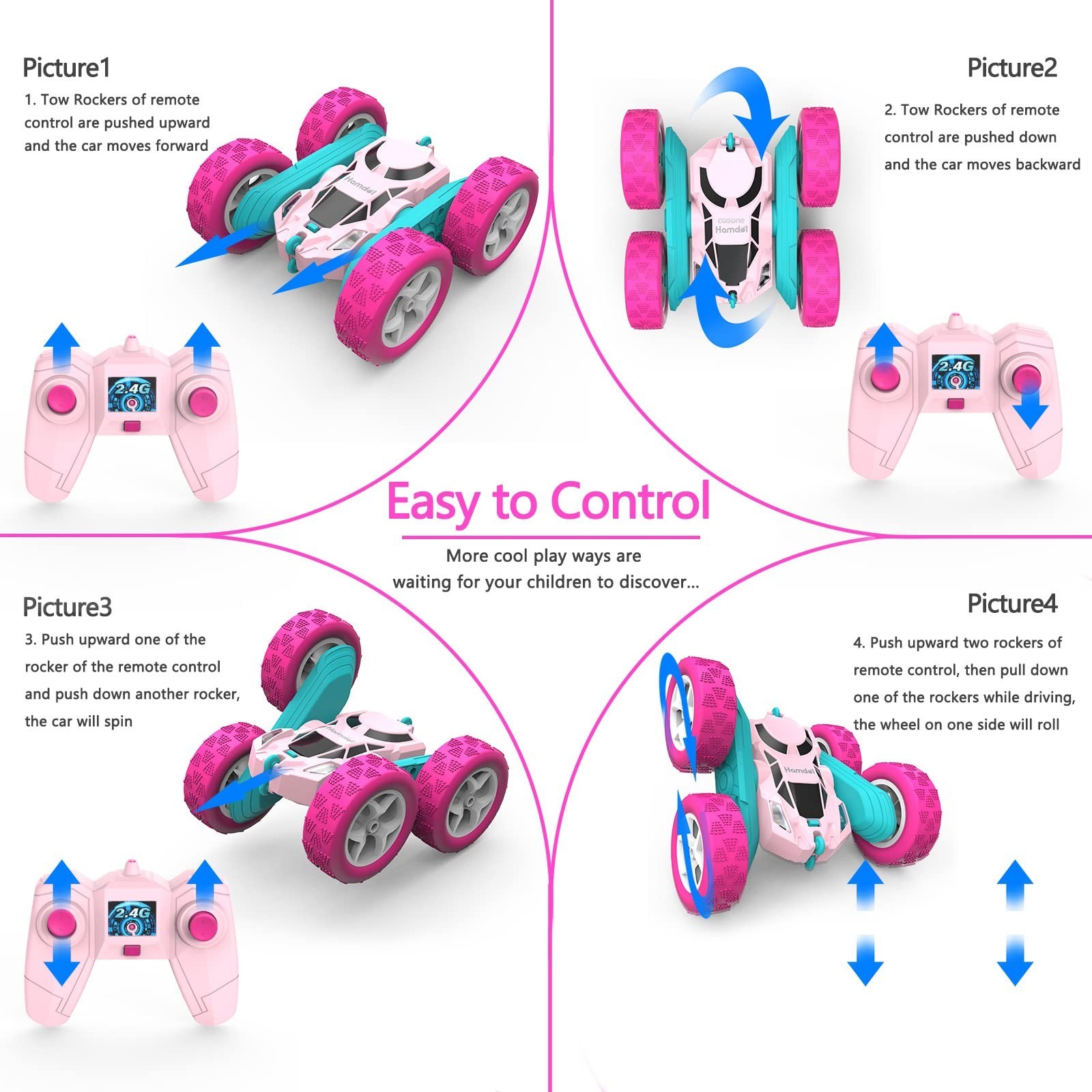 Hamdol Pink Remote Control Car for Girls, 360° Flipping Stunt Car with LED