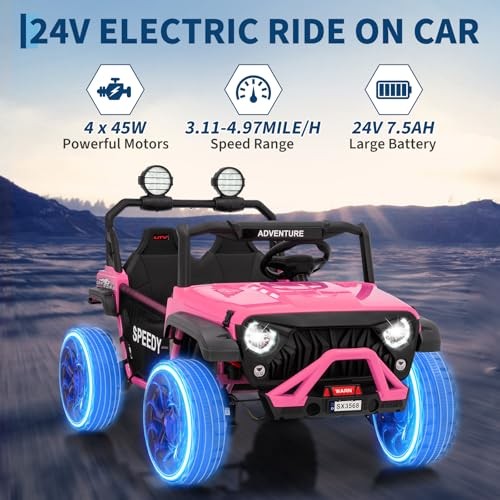 Pink 24V 4WD Pink Ride-On Car for Kids – Fast 4.97MPH Truck – 2 Seats