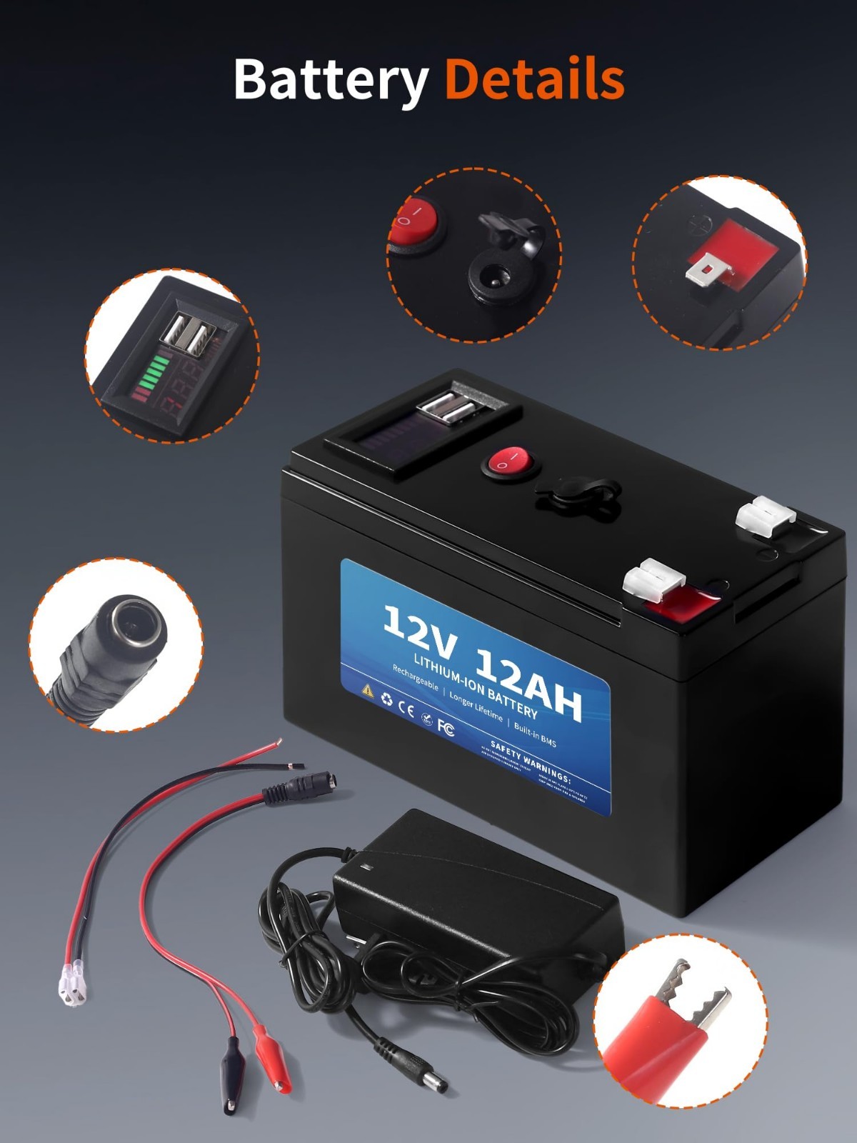 12V 12Ah Lithium Battery for Power Wheels, 2 USB Ports, 2A Charger, BMS Tech