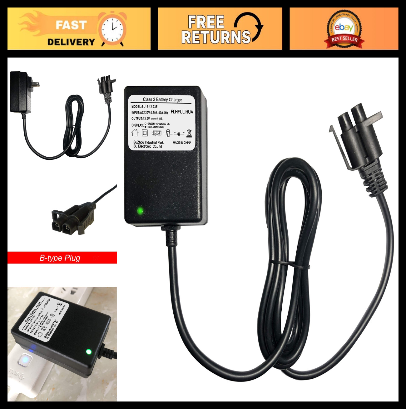 12V Battery Charger for Ride-On Toys, Electric Cars, UL Listed Power Supply Adap