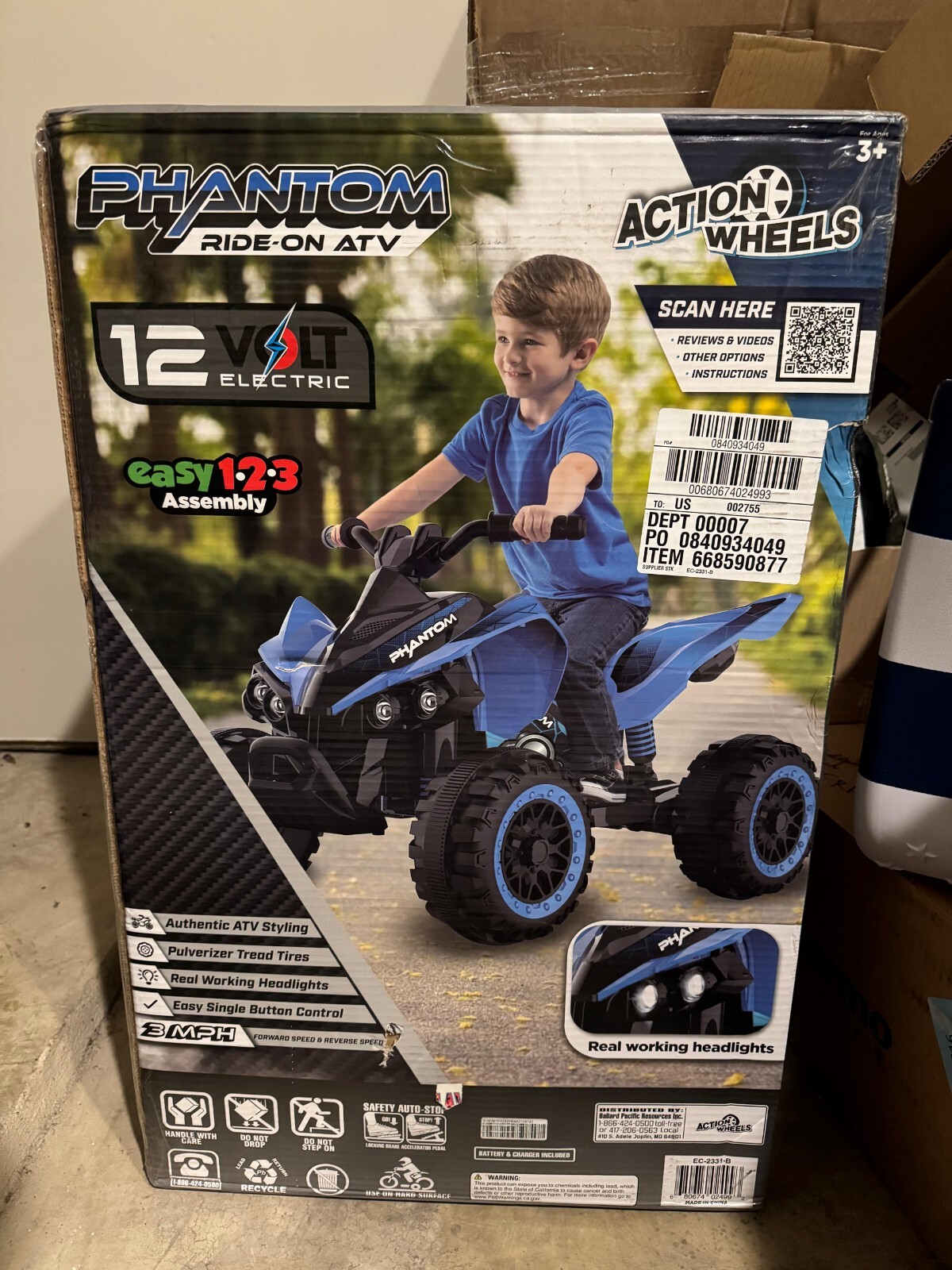 12 Volt Blue Phantom ATV Action Wheels Branded Battery Powered Rideon for Boys