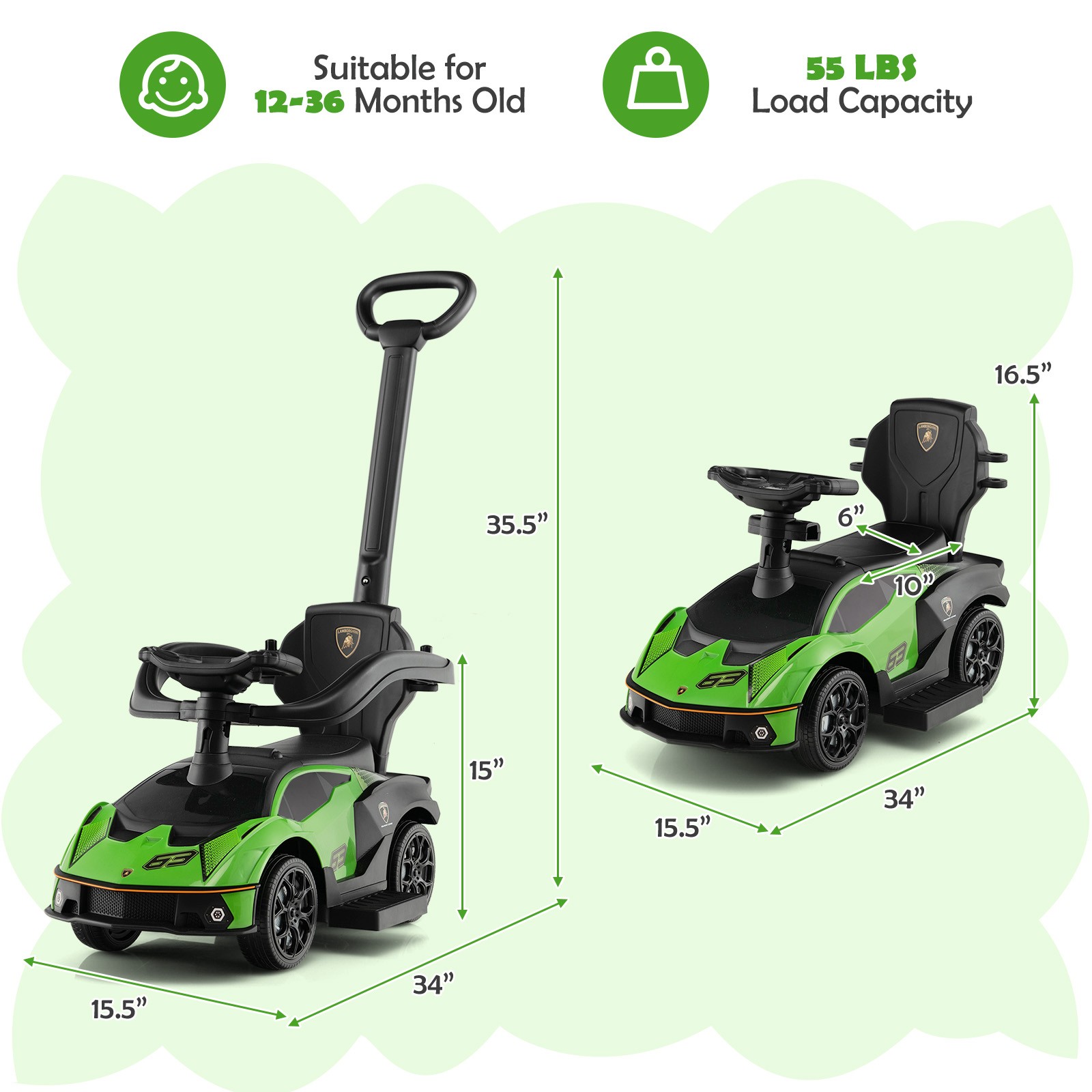 3-in-1 Licensed Lamborghini Ride on Push Car Stroller Sliding Car w/ Sound Green