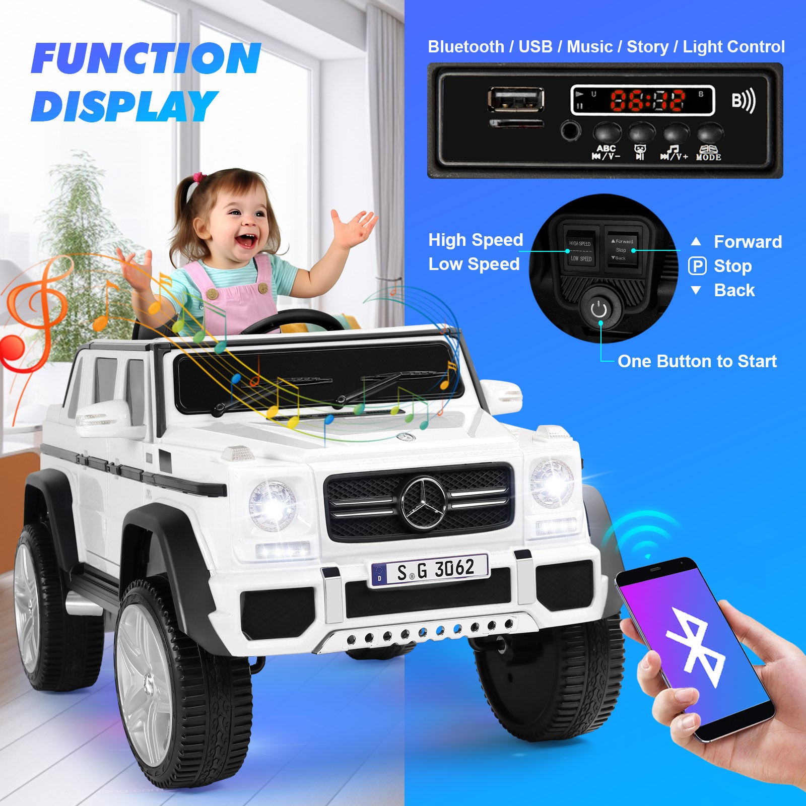 White Electric 12V Battery Kids Ride On Car 3 Speed with Music, LED, MP3, RC