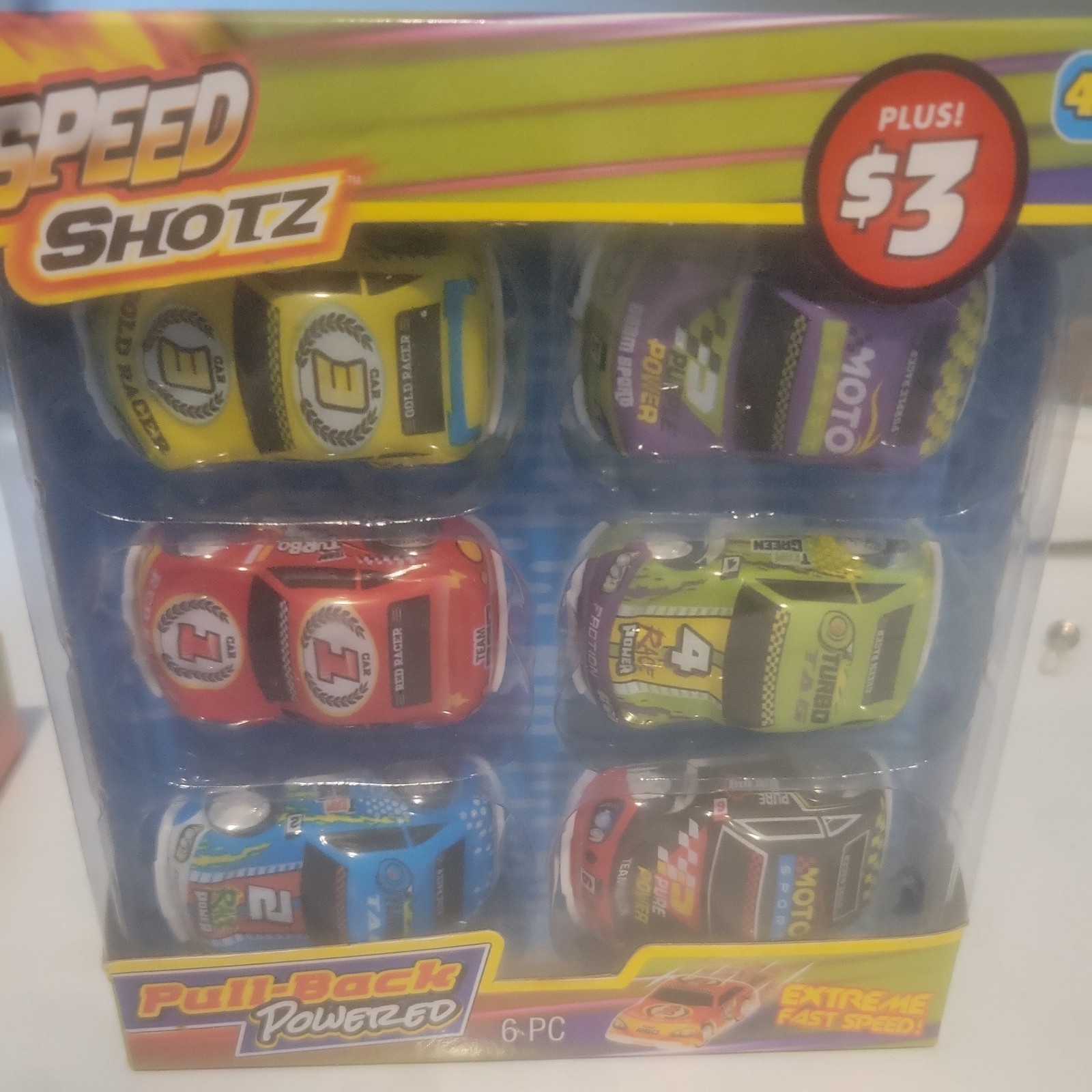 SPEED SHOTZ Cars Pull Back Race Car Set 6pc Black Blue Red Green Purple Yellow