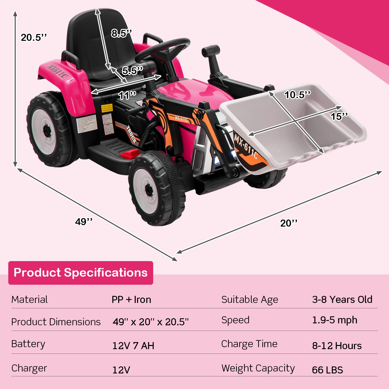 12V Kids Ride On Excavator RC Electric Toy Tractor with 2.4GHz Remote Control
