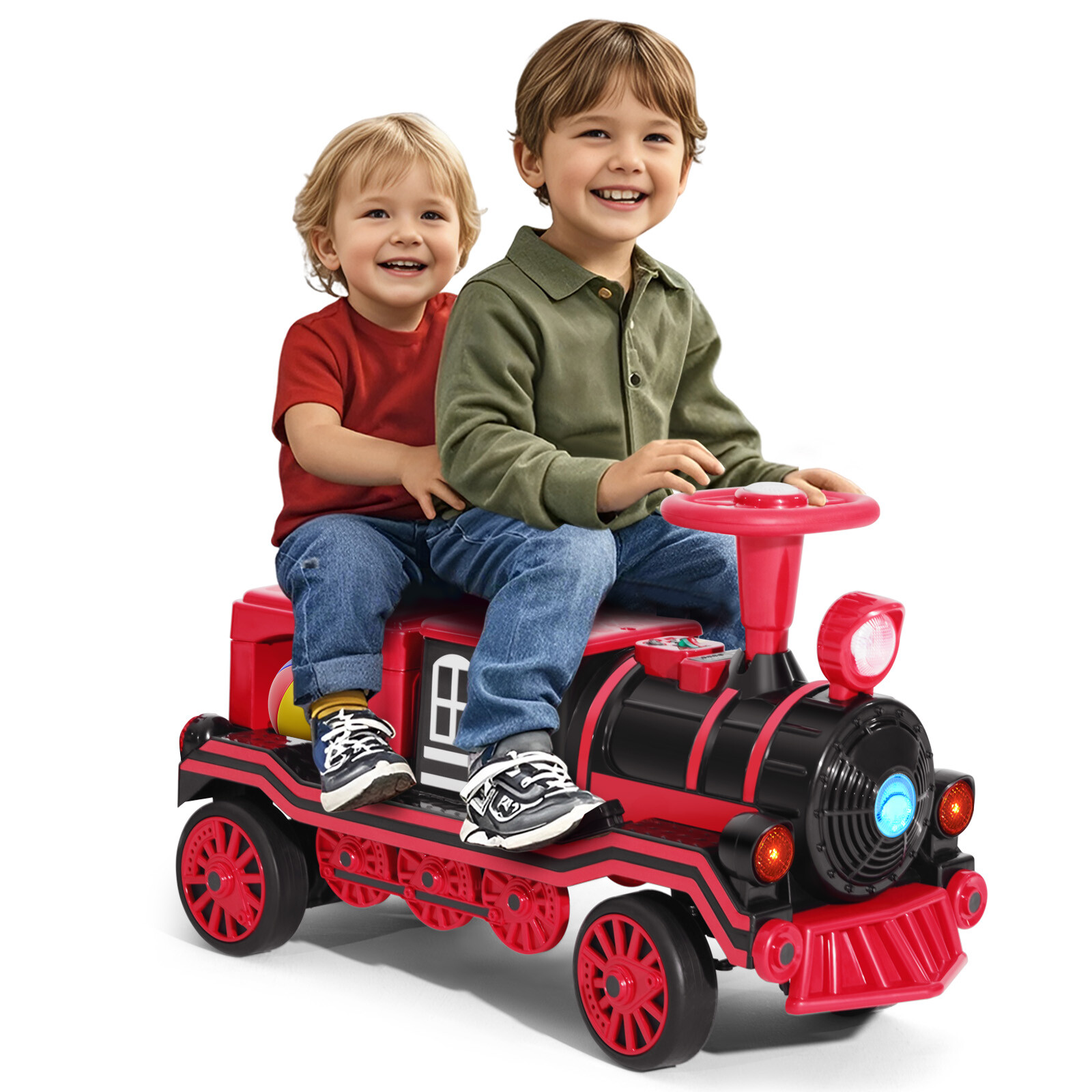 Blue/Red Two Seater Large Electric 12V Kids Ride On Train w/Music,Lights,Storage