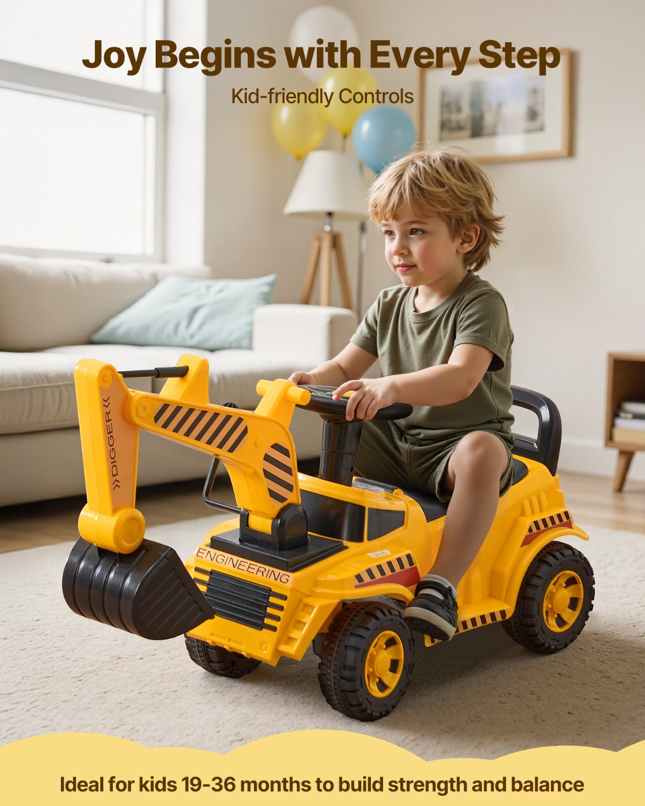 Ride On Toddler Excavator Push Car 19-36 Months Music Helmet 55 lbs Foot to Floo