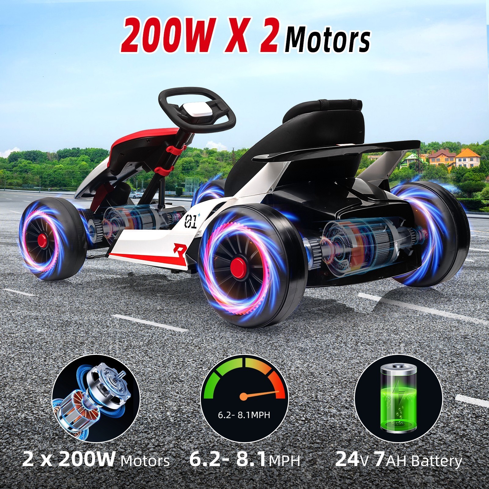 24V Kids Ride On Go Kart Child Electric Drift Go-Kart with LED Light MP3 Music