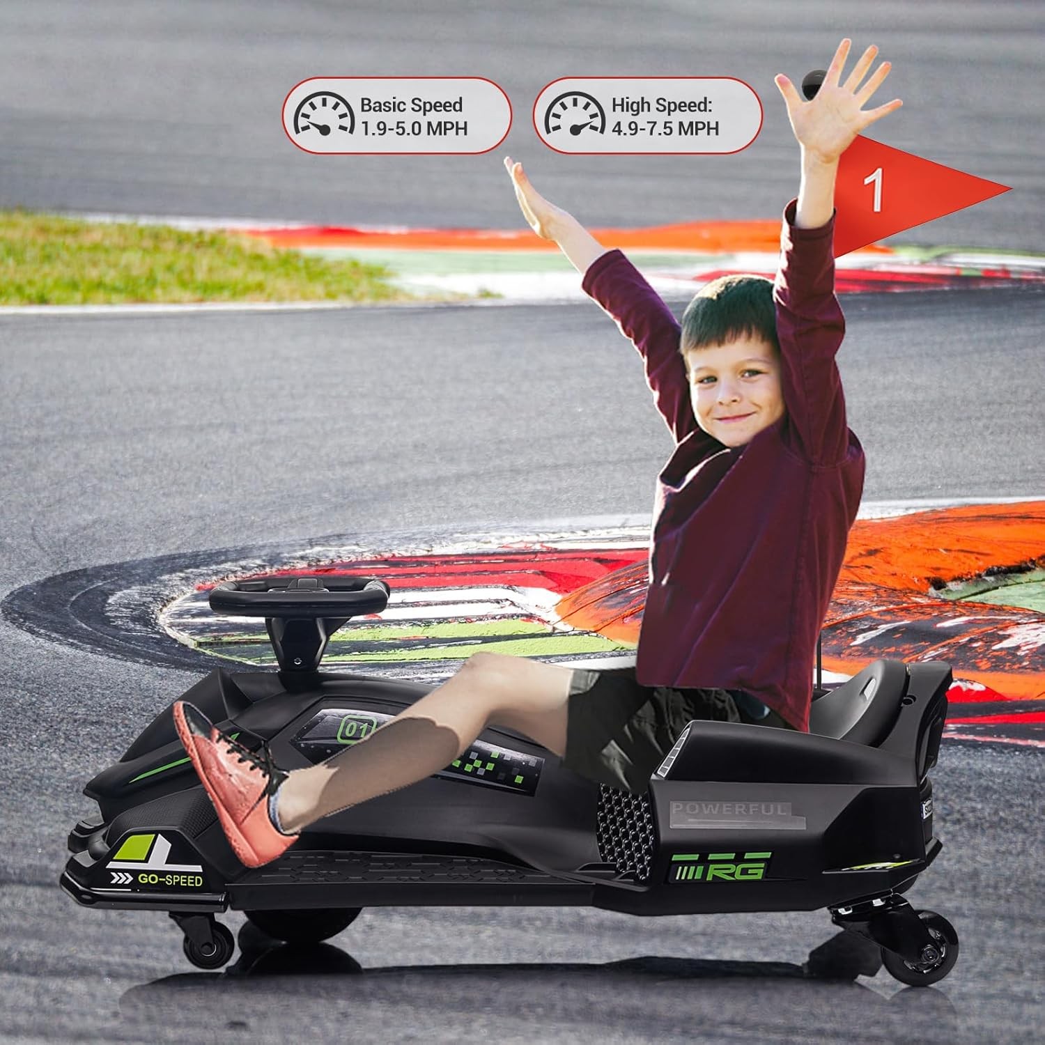 24V Kids Electirc Drifting Go Kart Car Built-in Music Colorful Tail LED Light