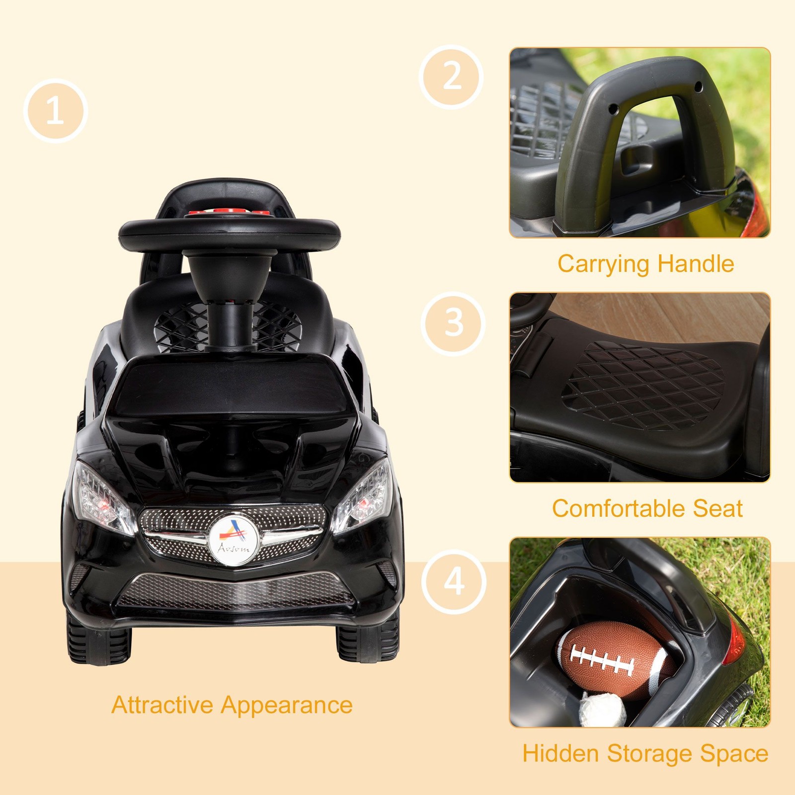 Educational Ride On Push Car 25x11x14.25in Horn Radio Lights Play Black