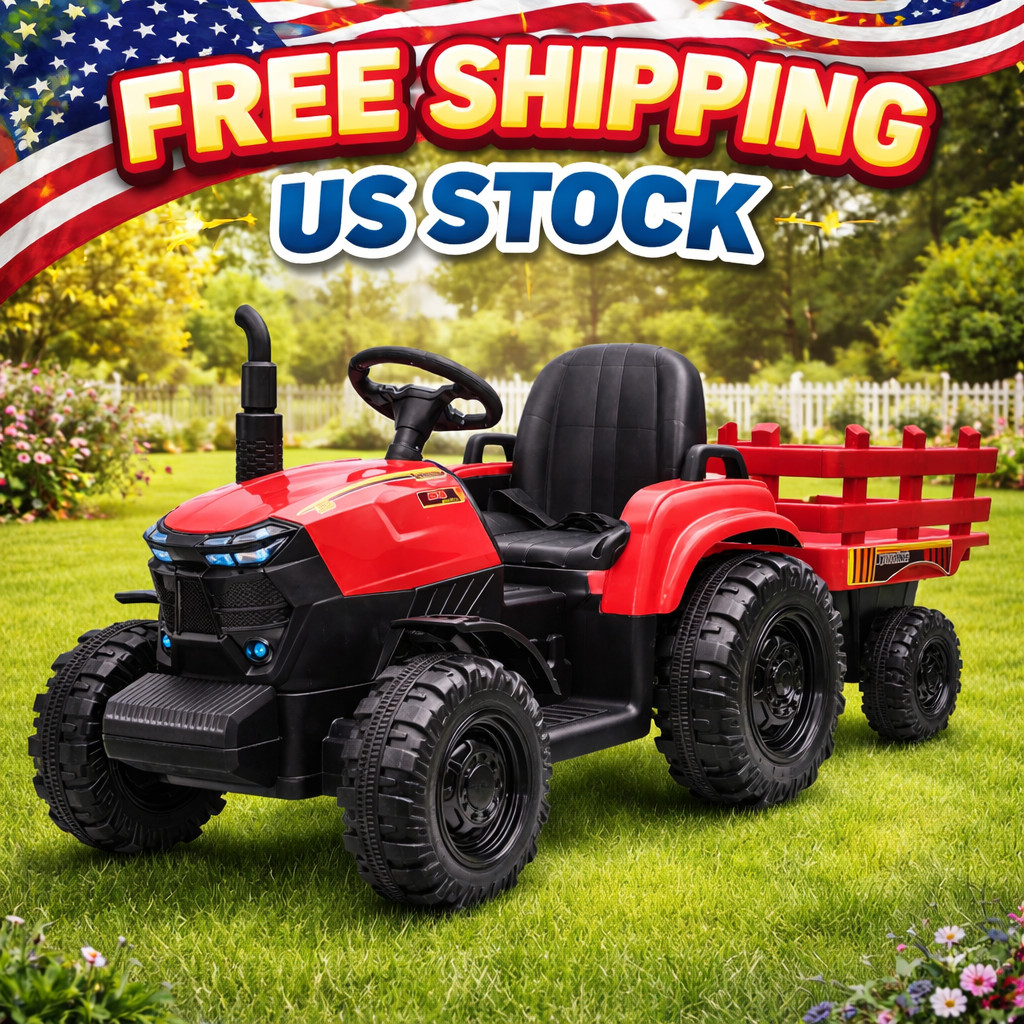 Tractor with Detachable Trailer Toddler Ride On Car/7-LED Headlight Electric 12V