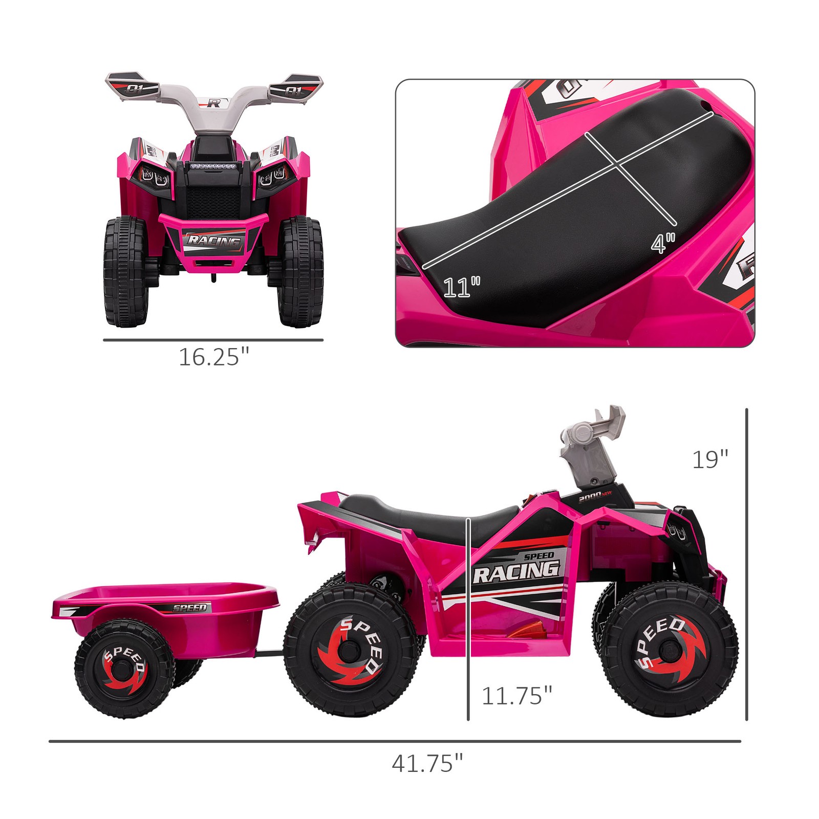 6V Kids ATV Quad Car with Back Trailer, Forward Backward Pink