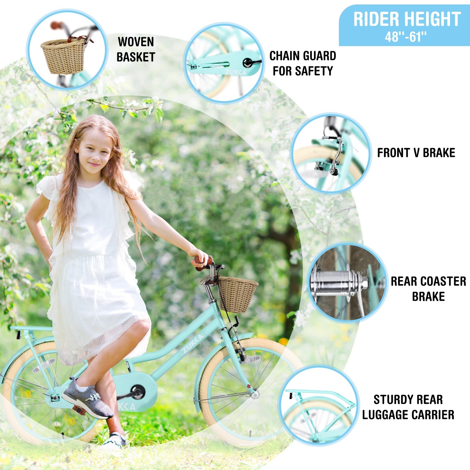 20″ Kids Bike for Teenager 7-10 Years Girls Single Speed with Woven Basket Green