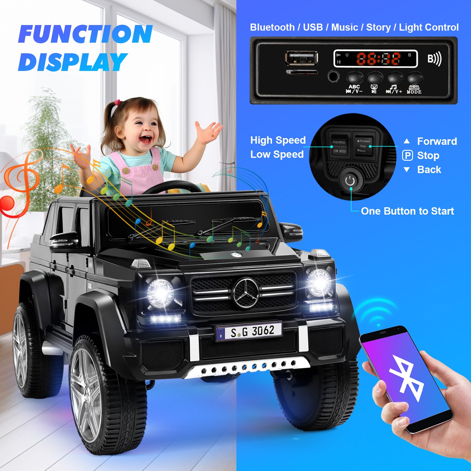 Black Electric 12V Battery Kids Ride On Car Truck ToyGift w/Remote+Light+MP3+USB