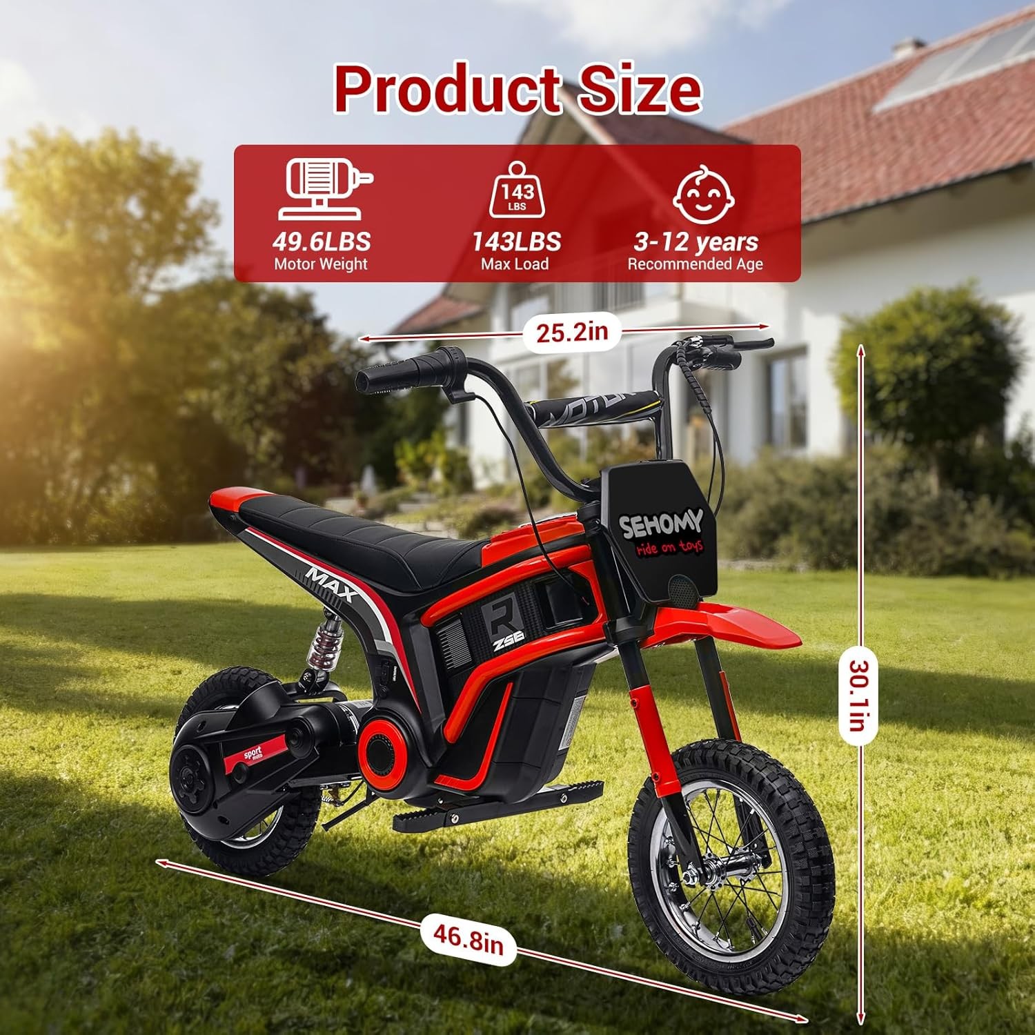 24V 350W Electric Dirt Bike Off-Road Electric Motorcycle Red for Kids 8-12 Years