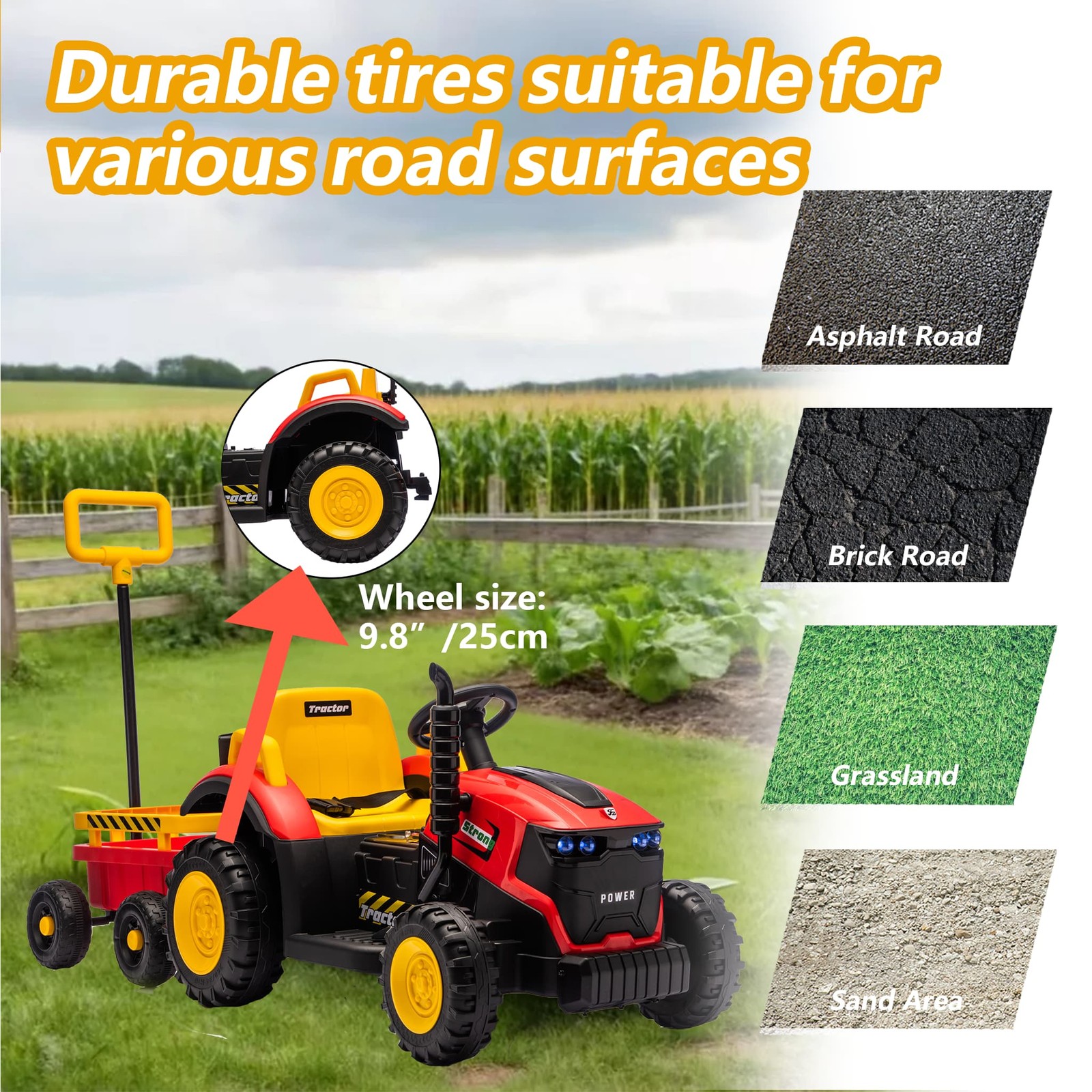 Kids Electric Farm Tractor Ride On Car 12V with Trailer Lights Music Age 3-6