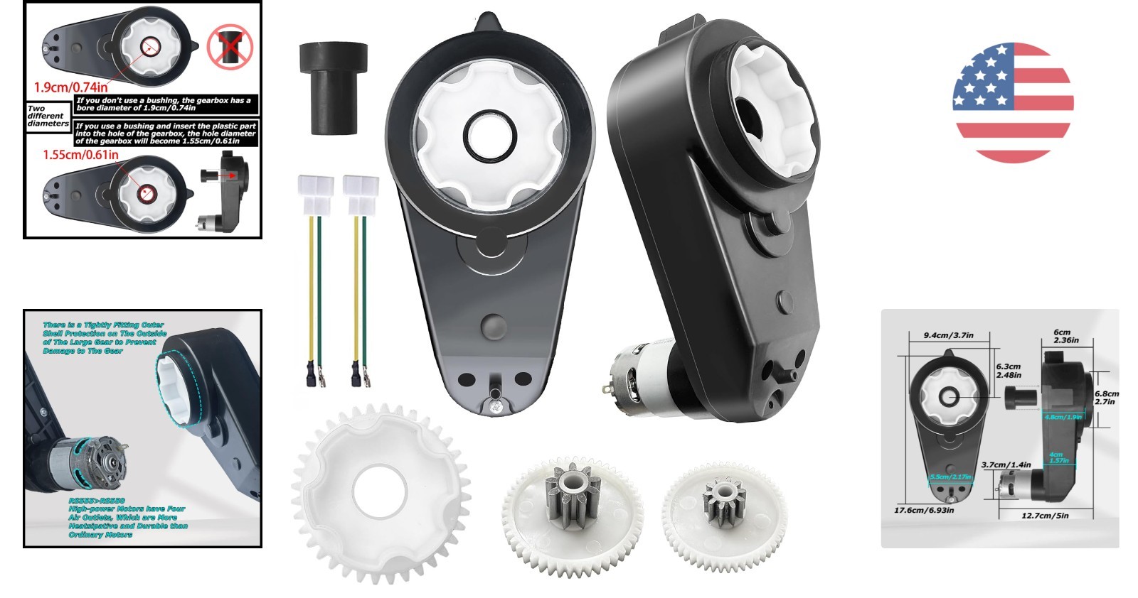 Versatile 2PCS Motor Gearbox RS555: 12000RPM, 1.6CM/0.61IN, 1.9CM/0.74IN Sizes