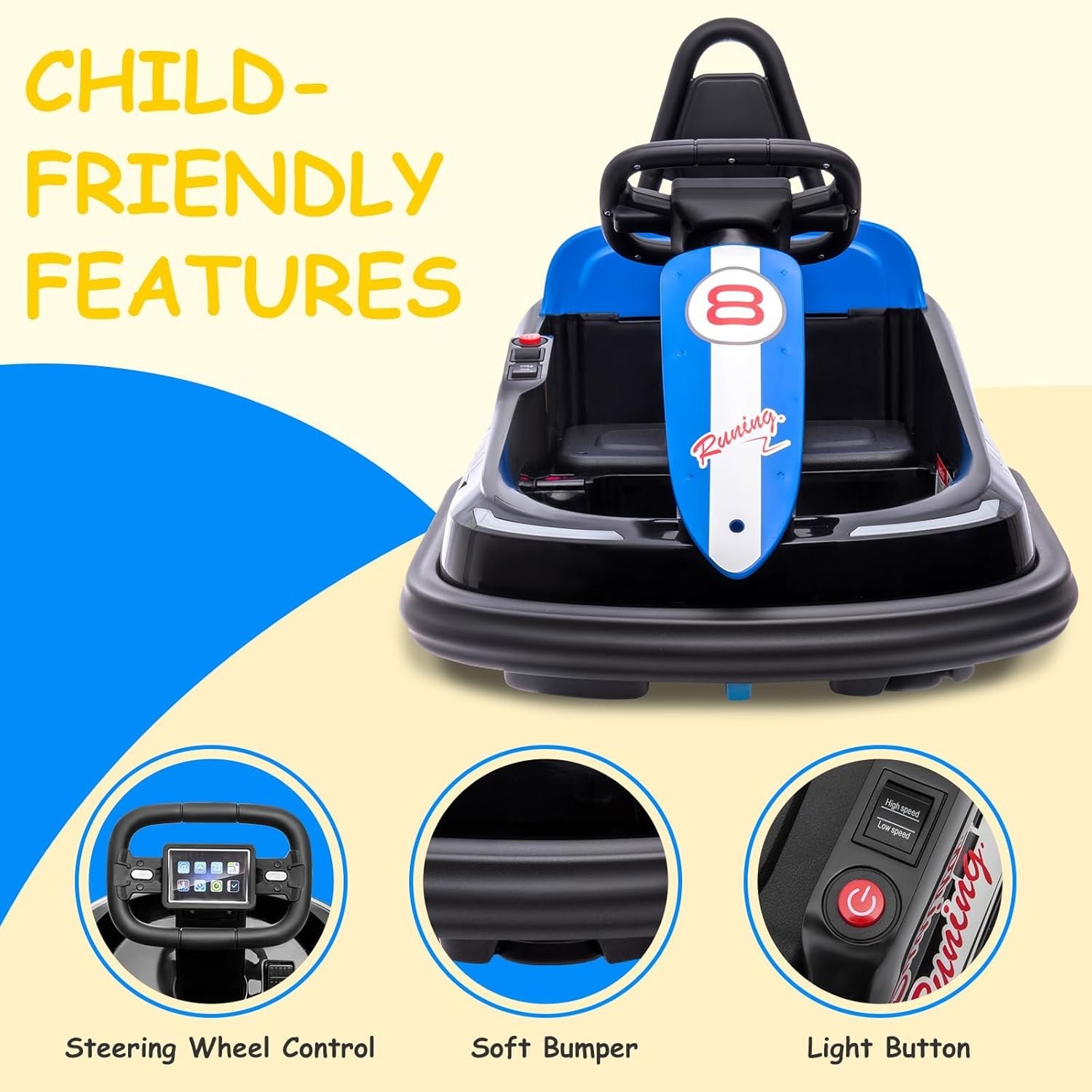 Kids Electric Bumper Car 6V, 1.9mph, Music/Horn, Seat Belt, Anti-Flat Tires