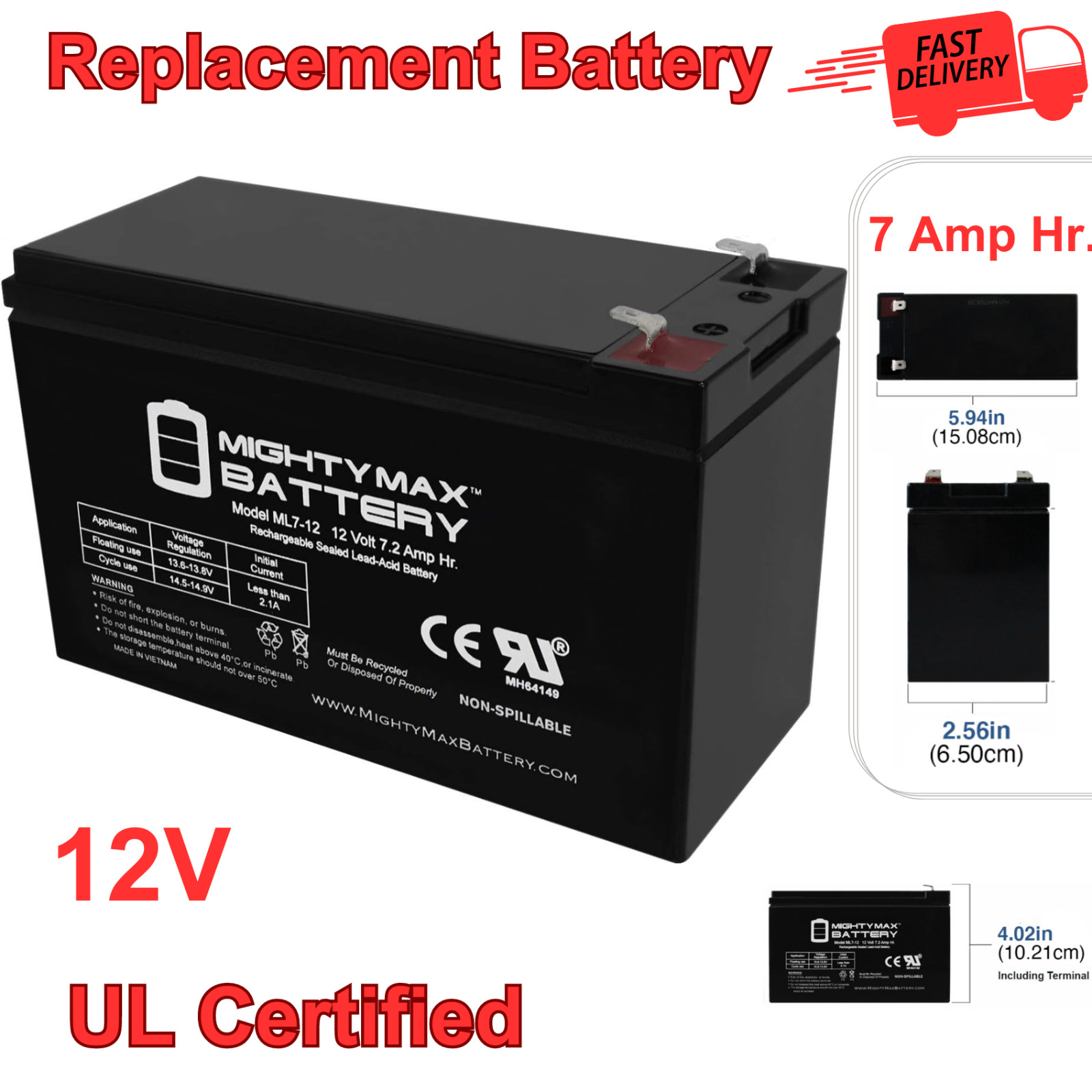 Kids Ride On Car 12V Replacement Battery 7 Amp Hr. for Electric Power Wheels