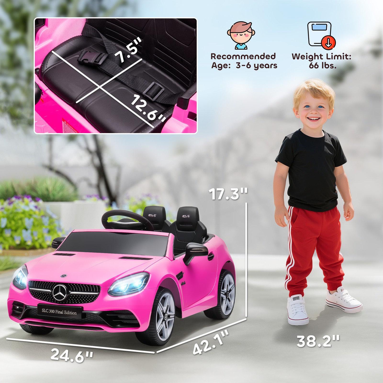 12V Ride On Toy Car for Kids with Remote Control, Pink