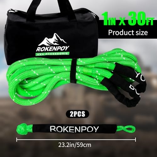 1″ x 30ft Heavy-Duty Kinetic Recovery Rope(Reflective)，2 Soft Shackles,30%