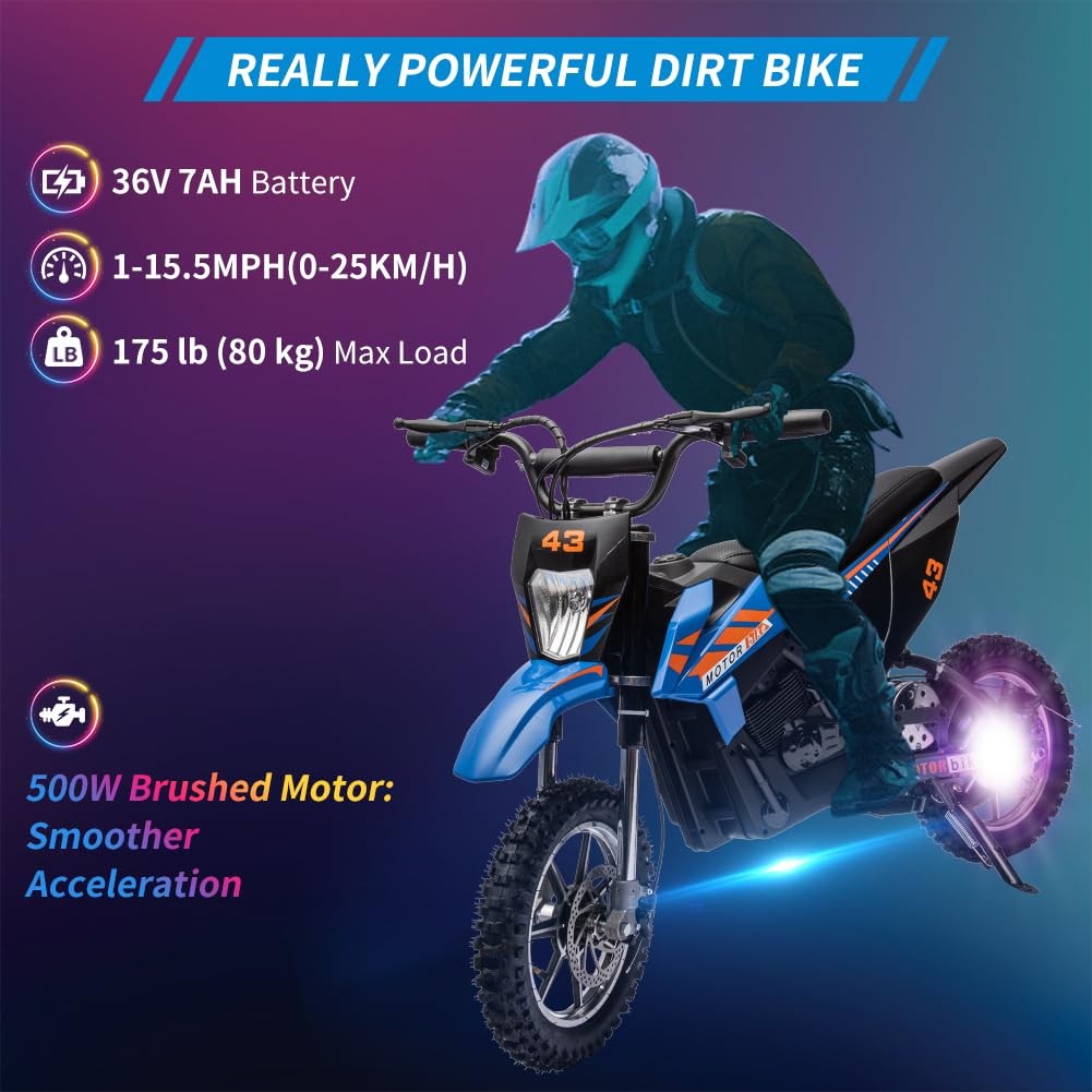 36V Ride On Dirt Bike for Teens ,15.5MPH Electric Off-Road Motorcycle ,LED Light