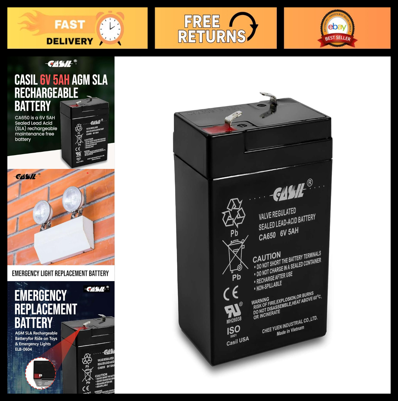 6V 5Ah Rechargeable Battery Pack for Ride-On Toys, AGM SLA, Emergency Light, 4.5