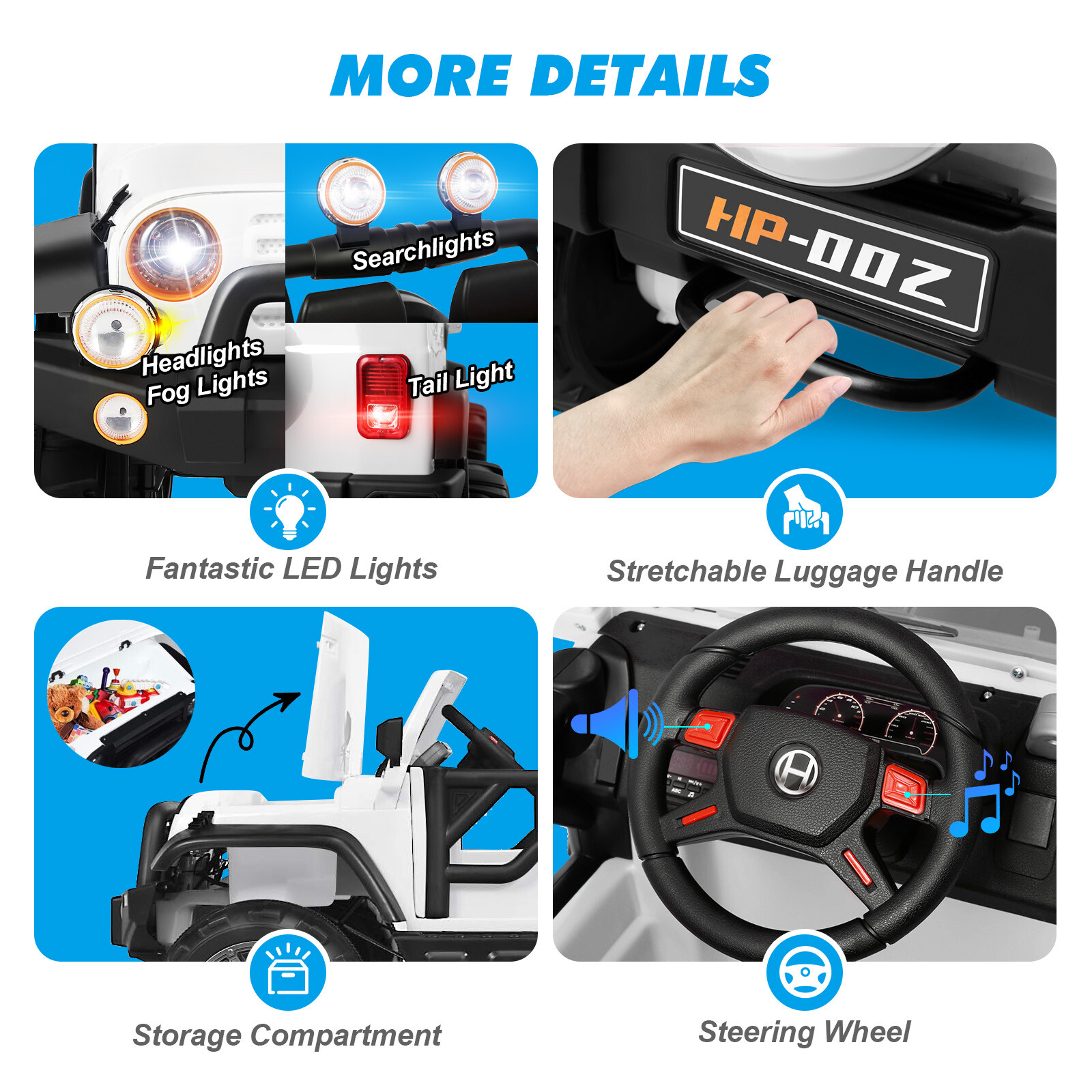 12V Battery 3 Speeds Kids White Ride On Car Truck w/ RC+MP3+LED Light+USB+Cover