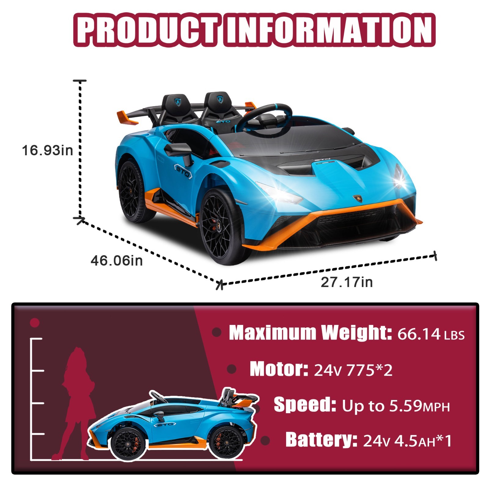 24V Kids Electric Car Ride On Drift Lamborghini Licensed STO Toys w/Remote, Blue