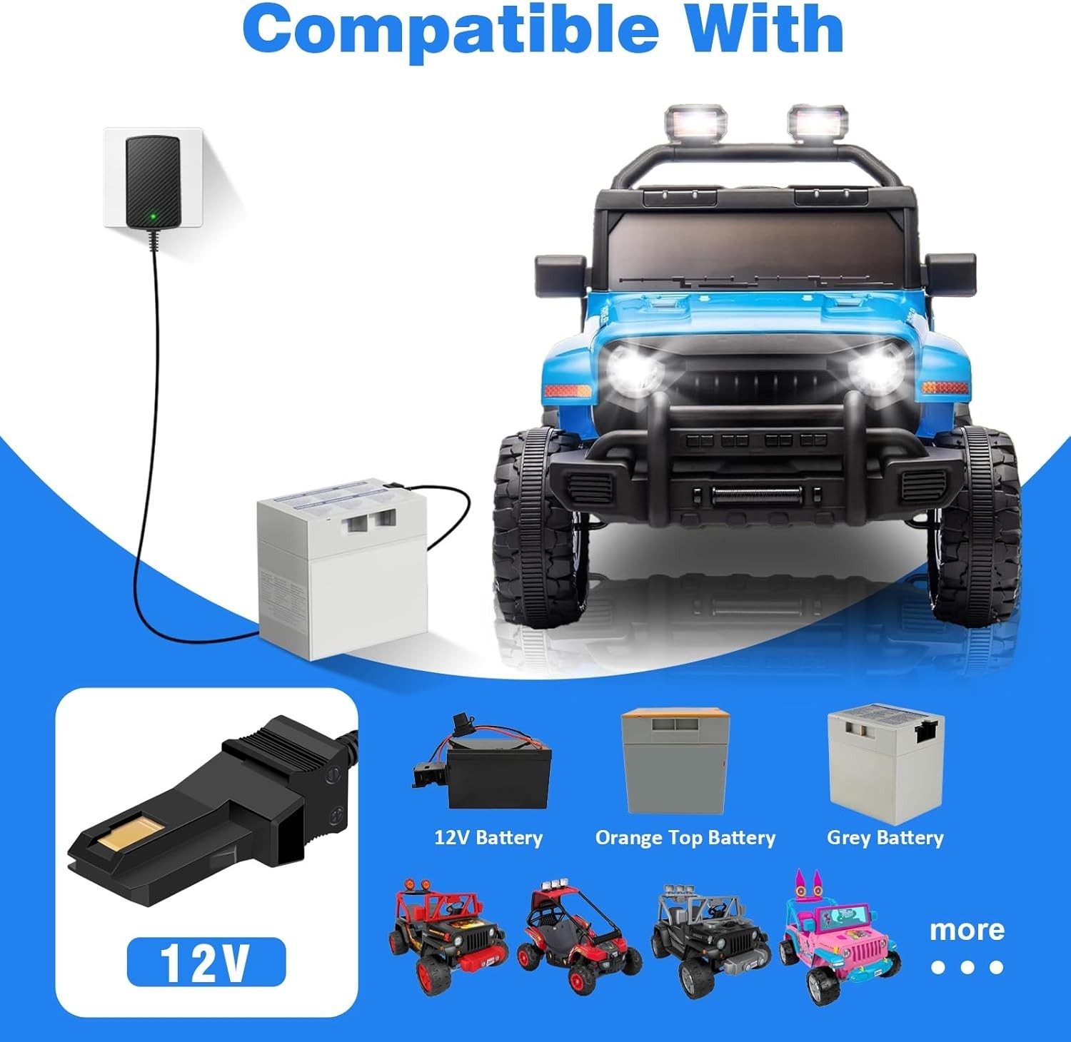 12V Battery Charger for Power Wheels Gray Battery and Orange Top Battery 12V