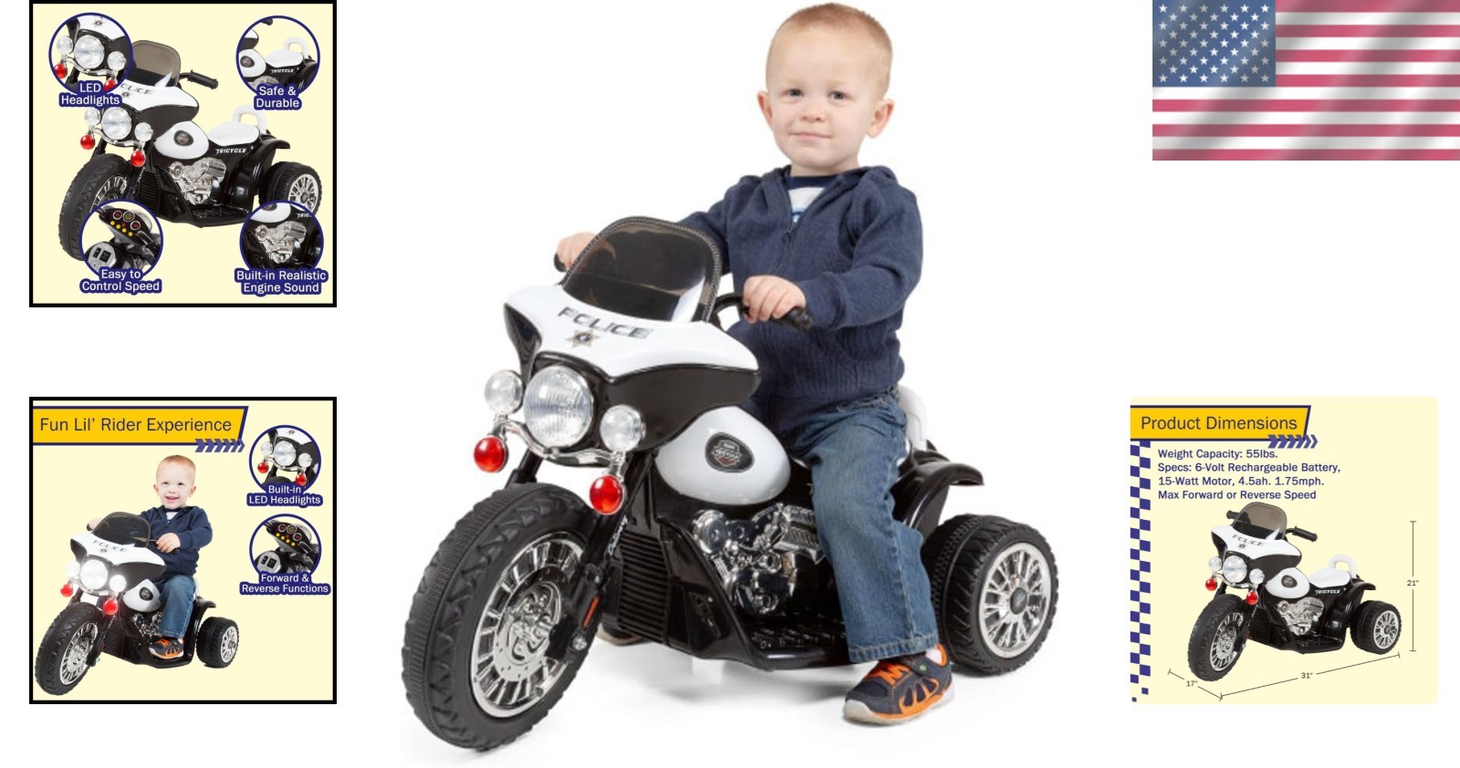 Durable Kids Ride-On Motorcycle with Headlights & Police Decals for Ages 3-6