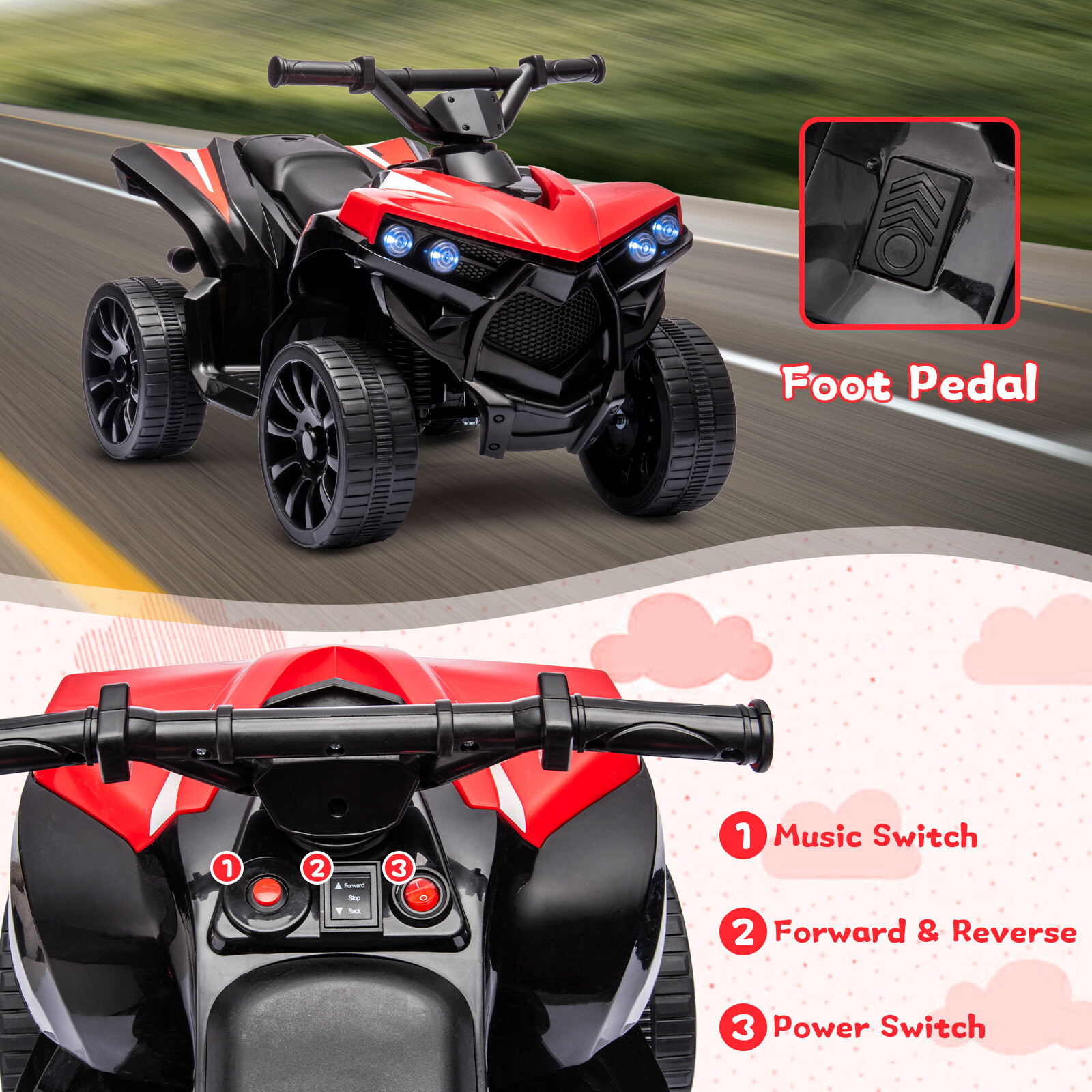 Kids Ride on Toy Car, 6V Battery Powered Quad Electric Vehicle with LED Lights