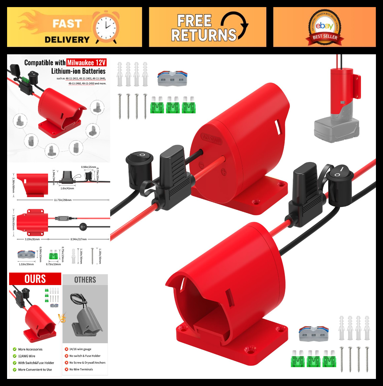 2-Pack Power Wheel Battery Adapter for 12V Batteries, 30Amp Fuse, DIY RC Cars &