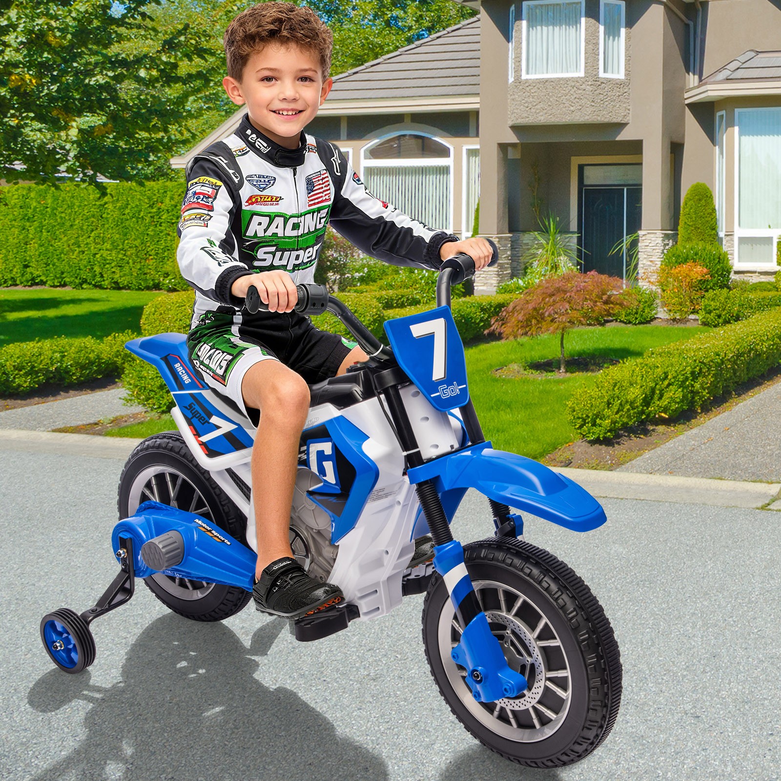 New 12V Kids Blue Ride On Motorcycle Dirt Bike Motorbike w/Music,Training Wheels