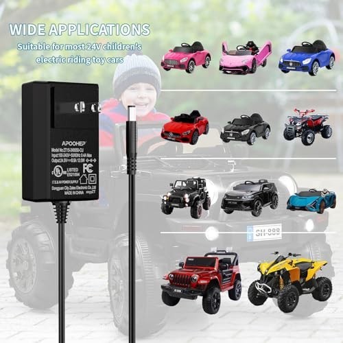 24V Battery Charger for Kids Ride-On Toys, Electric Cars, UL Certified, Safe & S
