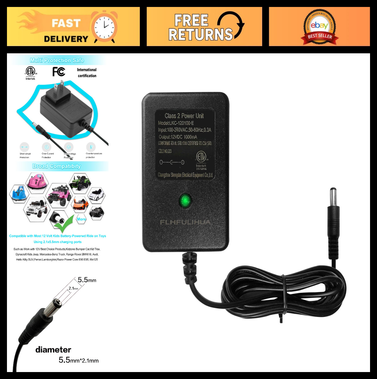 Universal 12V Battery Charger for Kids Ride-On Toys – ETL Listed, Compatible wit