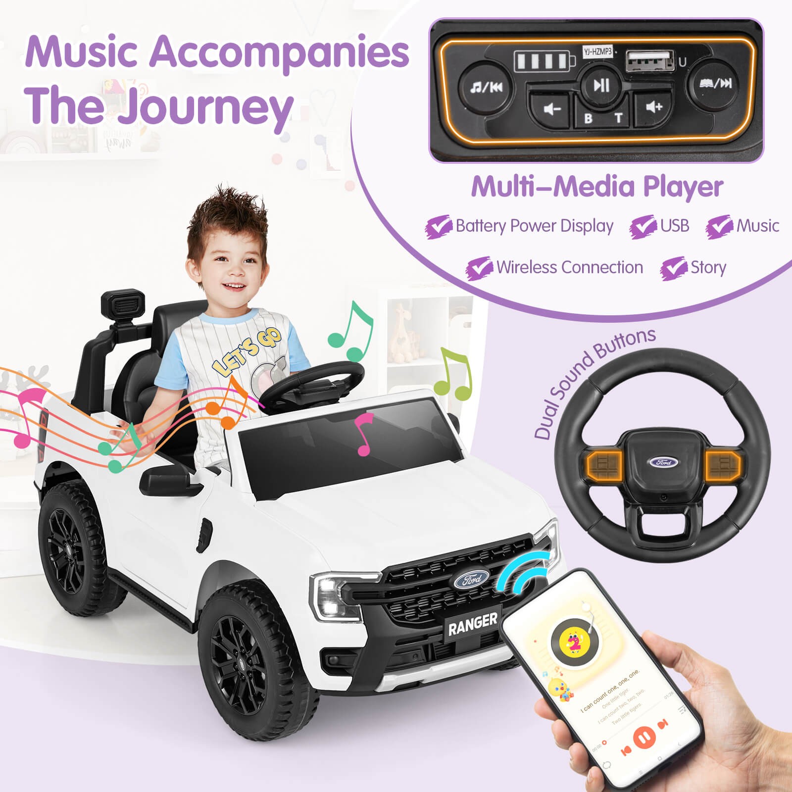 12V Licensed Ford Ranger Kids Ride on Car with Remote Control Storage Basket