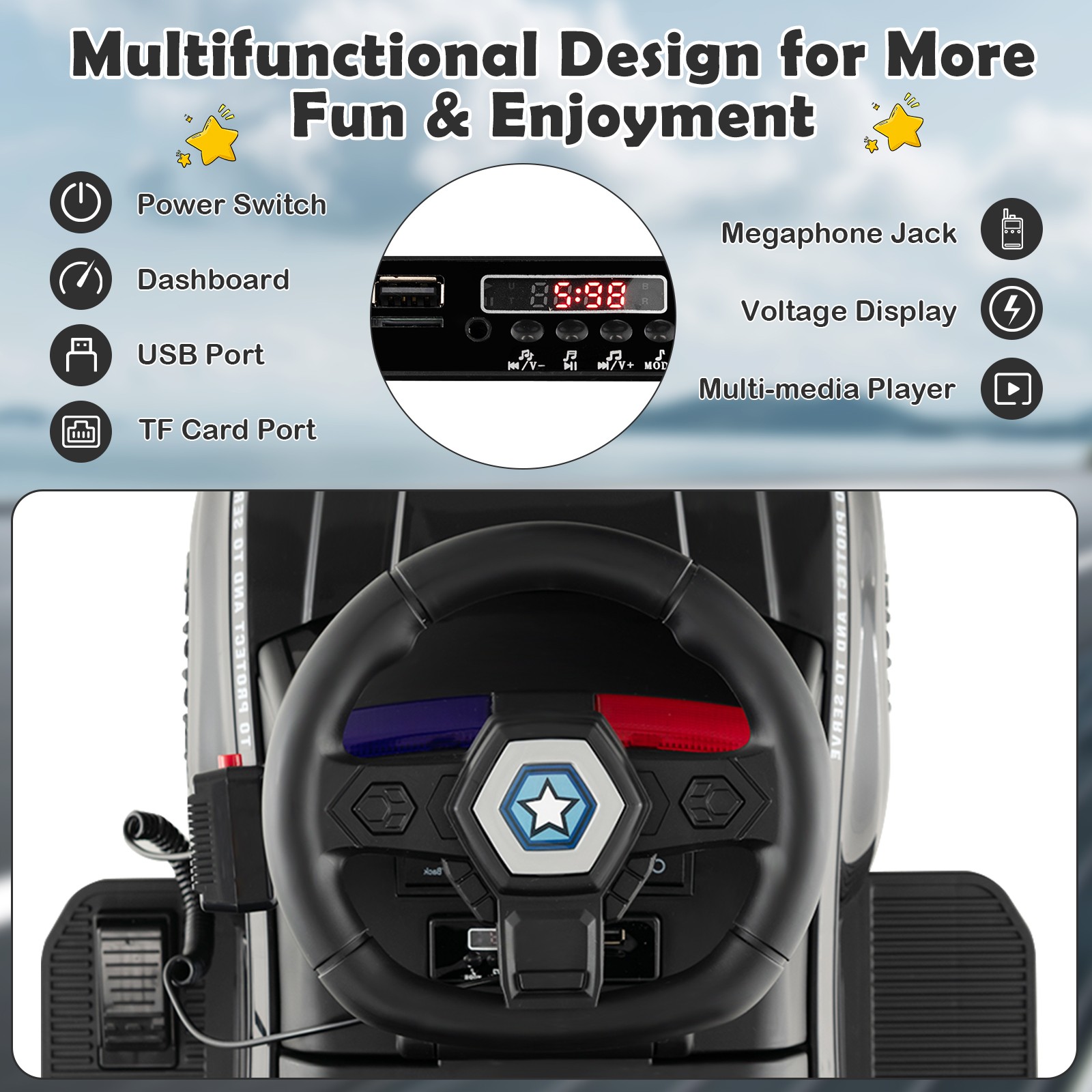 Kids Ride On Police Car 6V Battery Powered Electric Toy Vehicle w/Real Megaphone