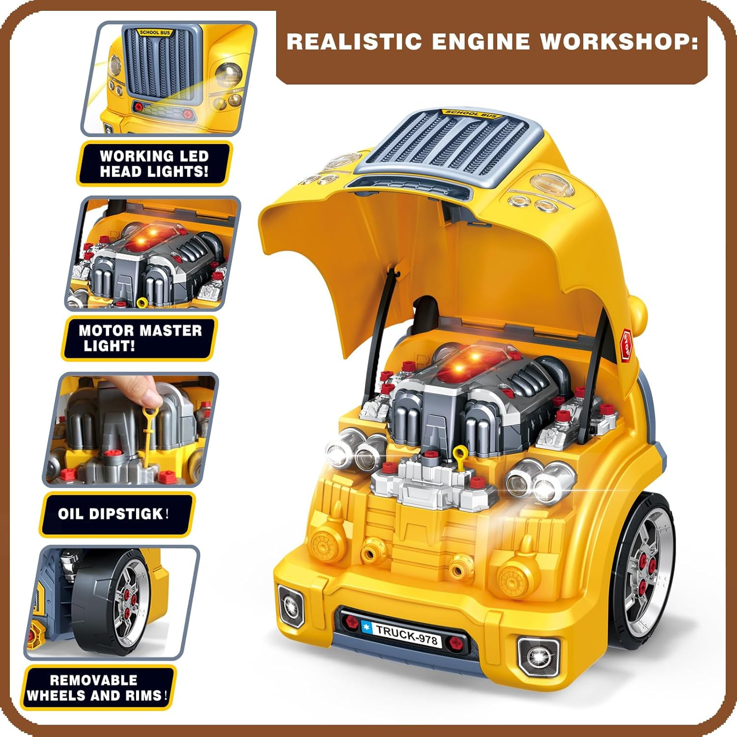 Large Truck Engine Toy for Kids 3-5, Take Apart Motor Vehicle Pretend Play Car w