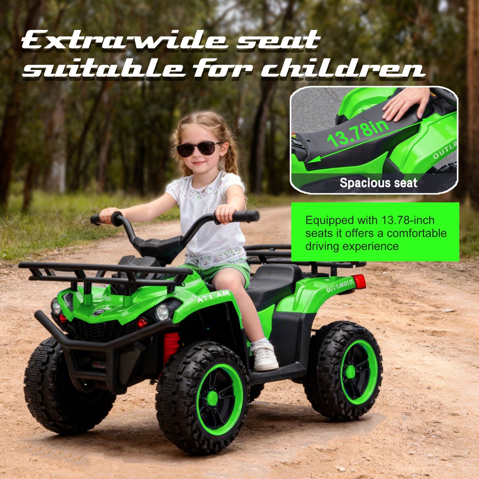 24V Kids Ride On ATV, 160W Off-Road Toys w/LED, Dual Storage Racks, Green