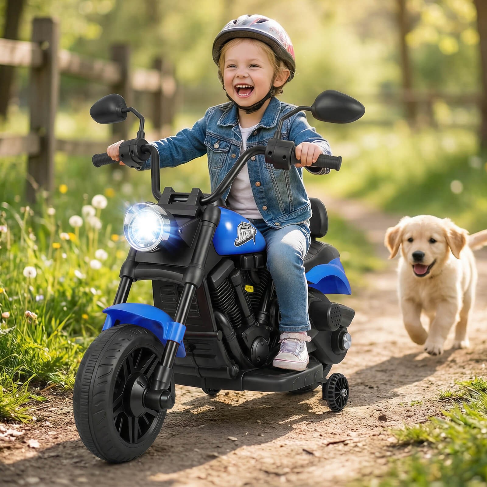 Kids Motorcycle w/Headlight, Music, Training Wheels, Foot Pedal for Boys Girls